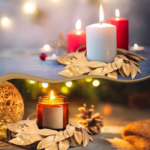 Domensi Gold Bay Leaf Candle Rings - 2 Pcs Rustic Wreath Holders for 3.9 Inch Pillar Candles