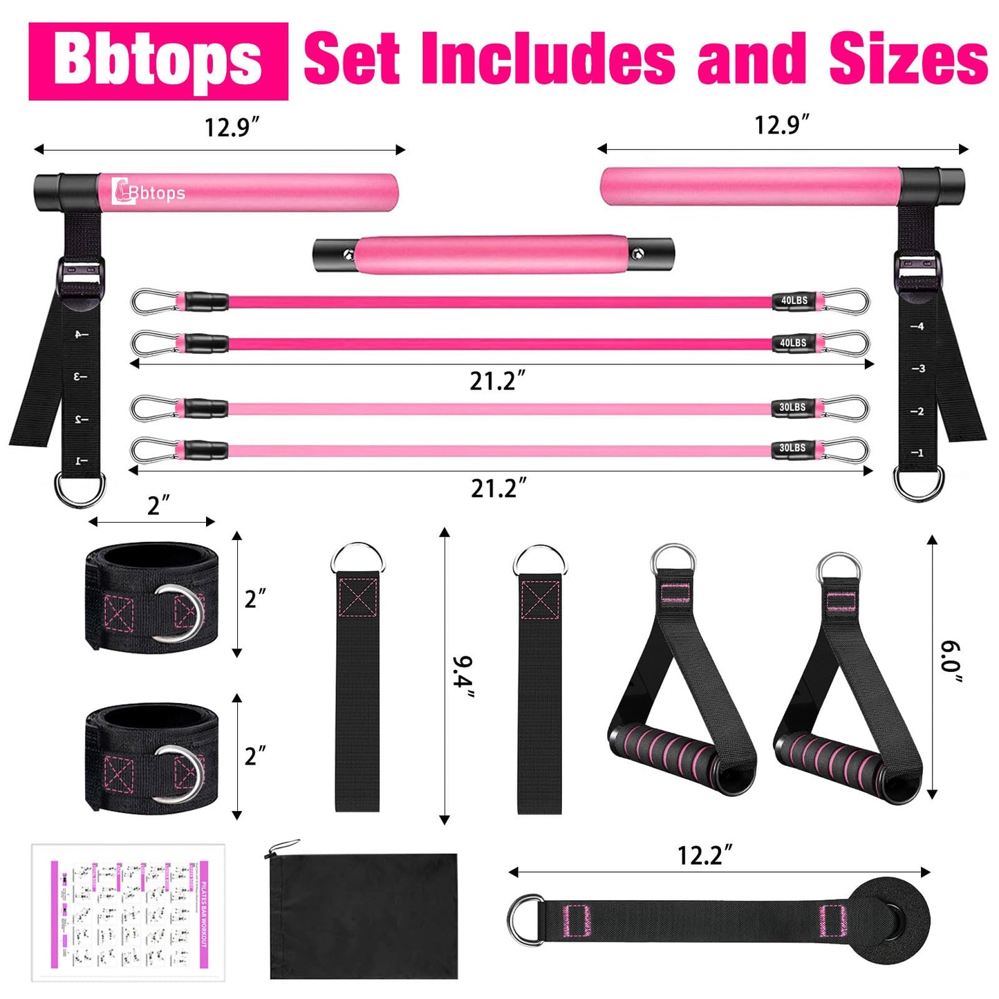 Bbtops Pilates Bar Kit with Resistance Bands(4 x Bands),3-Section Pilates Bar with Stackable Bands Workout Equipment for Legs,Hip,Waist and Arm,Portable Home Gym for Women Full Body (Pink30lbs,40lbs)