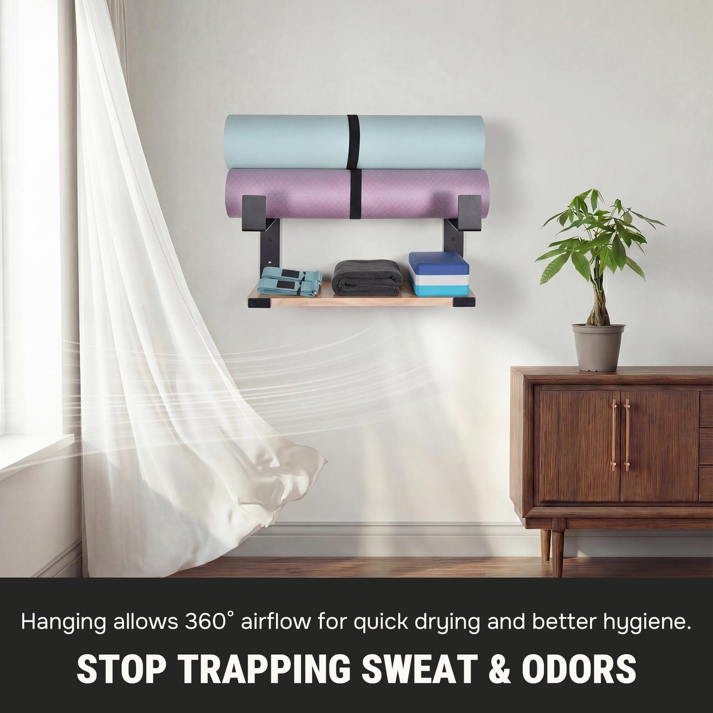 RoakyRoasy Yoga Mat Holder with Protective Padding Wall Mount Steel Storage Rack, 2 Tier Adjustable Width Hanger for up to 4 Foam Rollers, Easy Installation