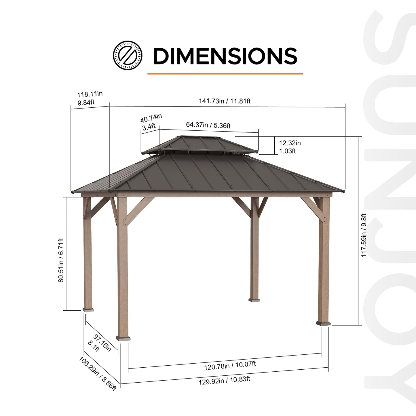 Sunjoy 10 x 12 ft. Wood Gazebo, Outdoor Patio Steel Hardtop Gazebo, Cedar Framed Wooden Gazebo with 2-Tier Metal Roof, Suitable for Patios, Lawn and Backyard, Dark Brown Roof + Dark Wood Frame