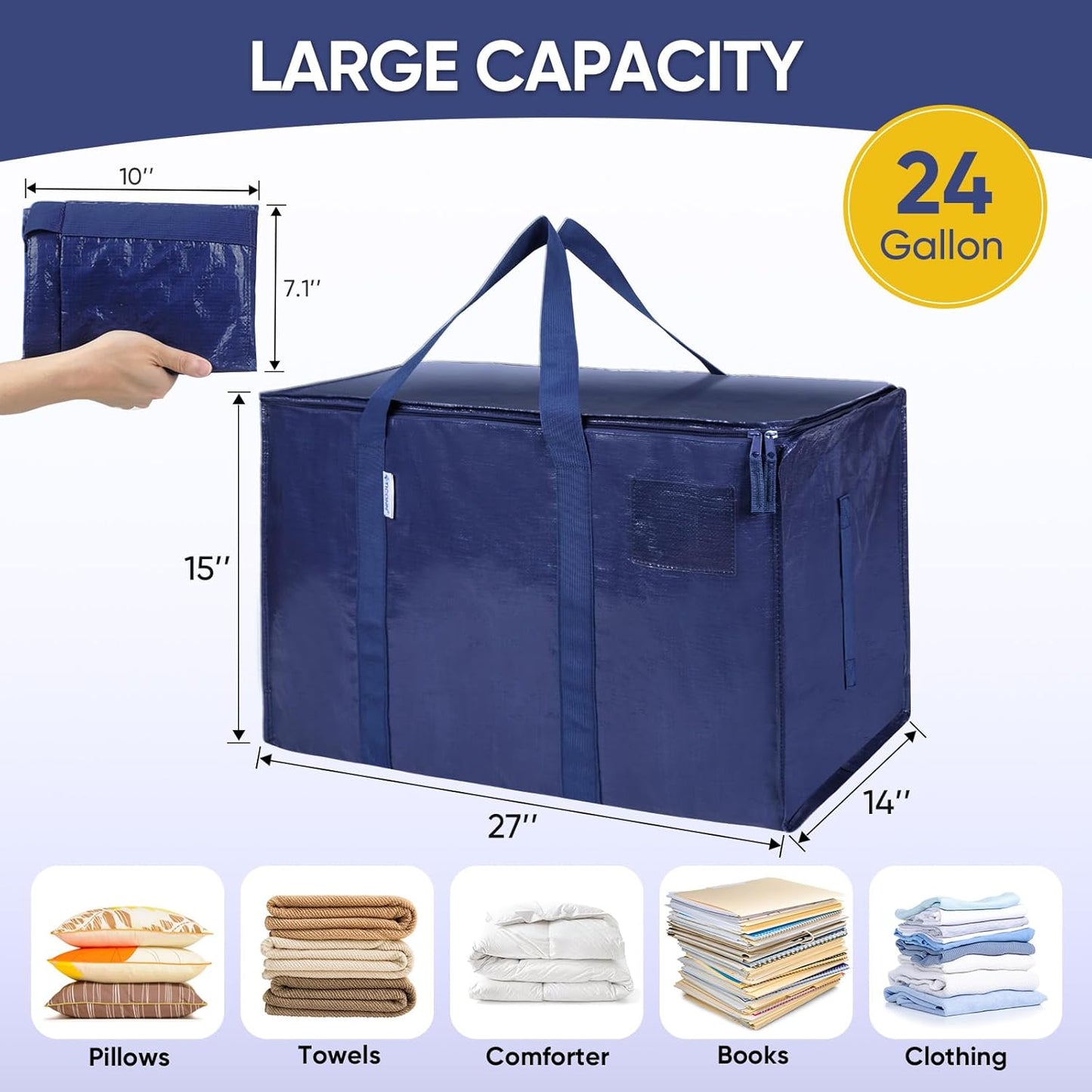 TICONN Extra Large Heavy-Duty Moving Bags - Durable Storage with Zippers & Handles | 4 Pack, Navy