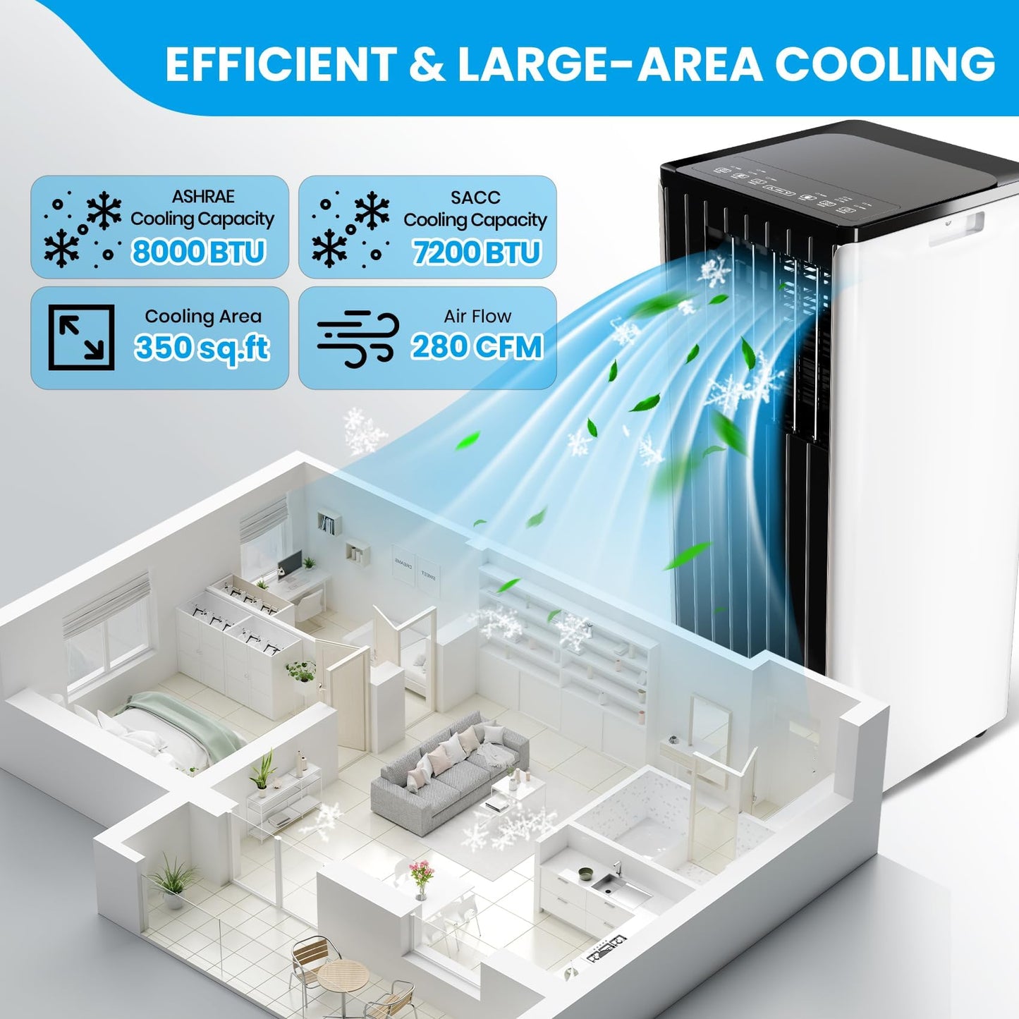 Portable Air Conditioners 8000 BTU Portable AC Unit, 3-in-1 Cooling Dehumidifier Fan, Remote Control, Sleep Mode, 24H Timer for Bedroom Dorm Office Up to 350 Sq Ft