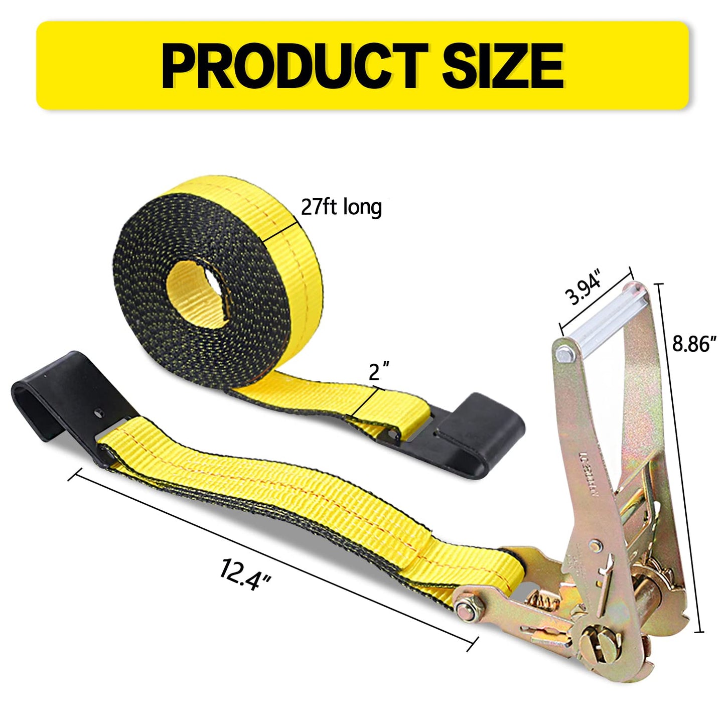Autofonder 4 Pack 2in x 27ft Flat Hook Ratchet Straps and 10 Pack 4in x 30ft Straps Flatbed 5400lbs