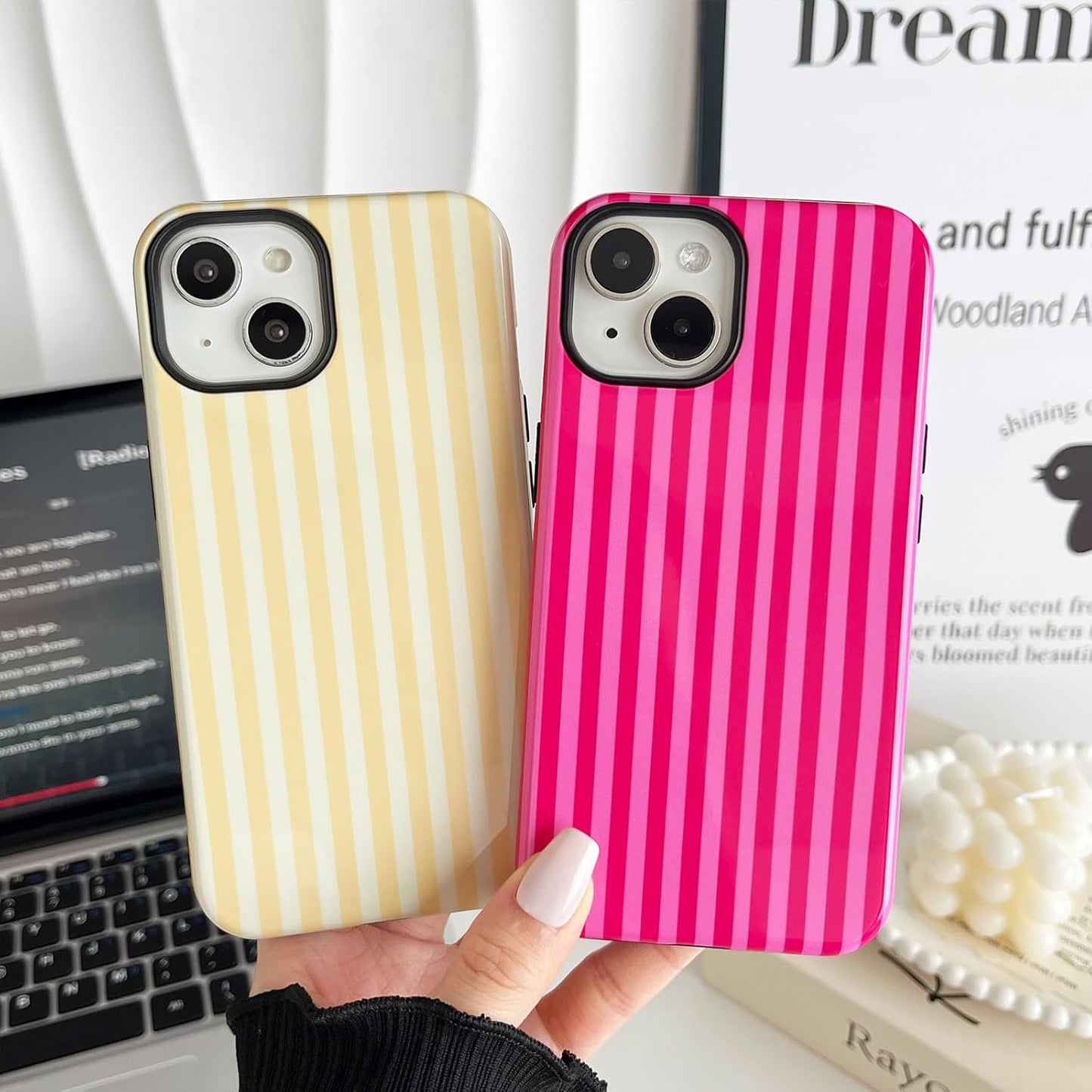 CHEDEMK 15 15 6.1"- Compatible with iPhone Case, Cute Fashion Aesthetic Striped Pattern Cover for Women, Shockproof