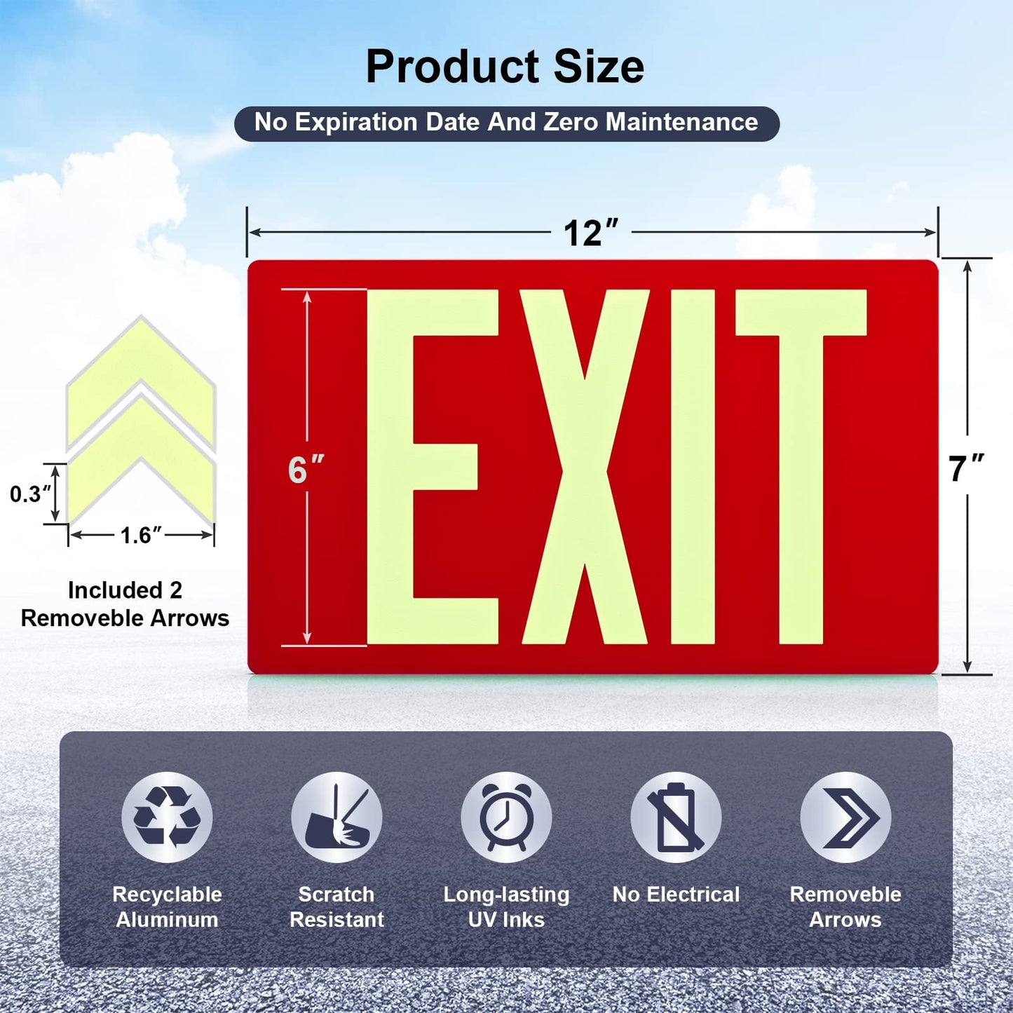 Photoluminescent Exit Sign Aluminum - Adhesive Backing Glow In The Dark - Removable Arrows Included - 12x7 Inches - Non Electrical Red Exit Light For 50 Feet Visibility (2 Pack)