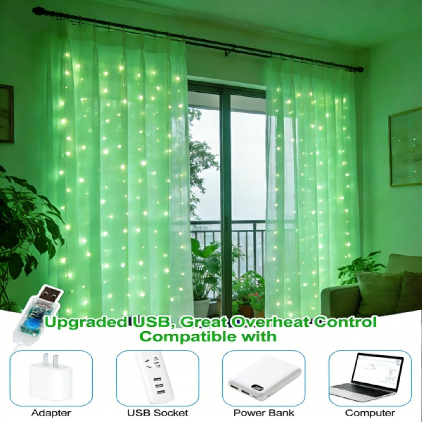 Skiennix 300 LED Fairy Curtain Lights - 9.8 x 9.8FT Green USB Plug with 8 Modes & Remote for Christmas, Weddings, Indoor/Outdoor Decor