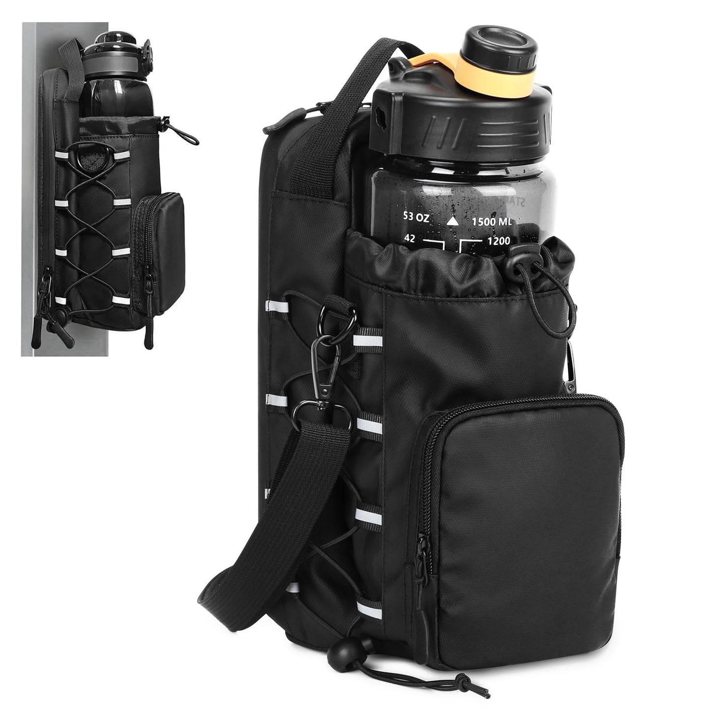 HUNTVP Magnetic Gym Bag Water Bottle Carrier Holder with Shoulder Strap & Phone Pockets, Magnetic Water Bottle Bag Pouch for Gym Fitness Essentials Accessories for Men and Women