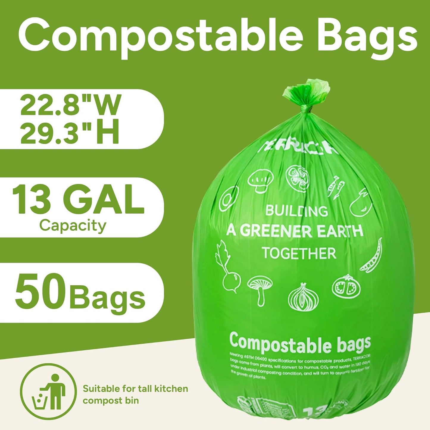 Skiennix 13 Gallon Compostable Trash Bags - Heavy Duty Kitchen Waste Bags | 50 Count, BPI Certified