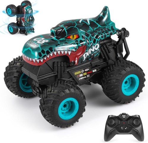 DYODYORC Remote Control Car - 2.4GHz All-Terrain Dinosaur Monster Truck with Music & Lights | 360 Stunt Capable, 2 Batteries, Cyan