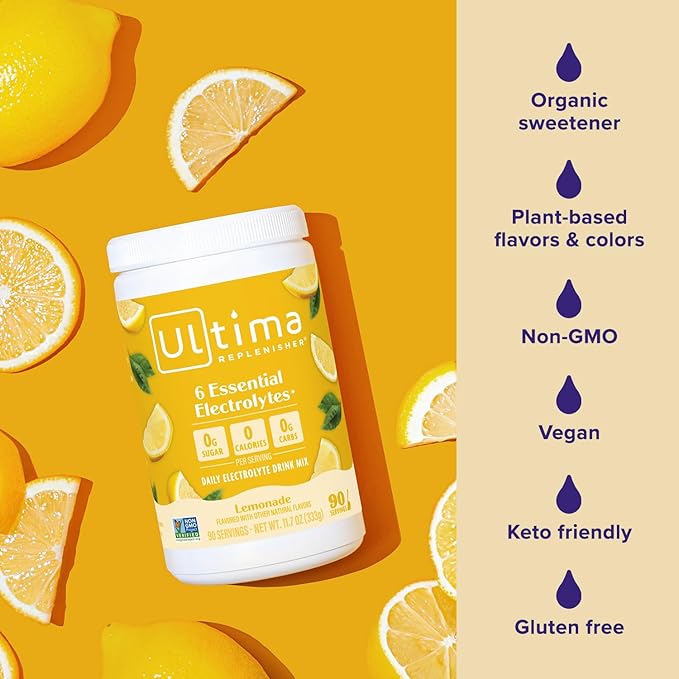Ultima Replenisher Daily Electrolyte Powder Drink Mix ??Sugar Free ??Lemonade, 90 Servings ??Hydration Powder with 6 Key Electrolytes and Trace Minerals ??Keto Friendly, Vegan, Non-GMO