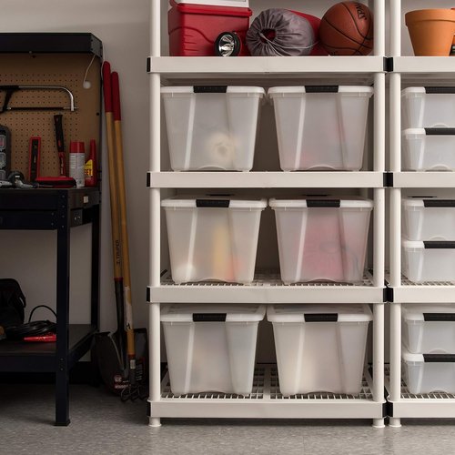 IRIS USA 54 Quart Stackable Storage Bins - Durable Plastic Containers with Lids & Latching Buckles, 6 Pack - Pearl