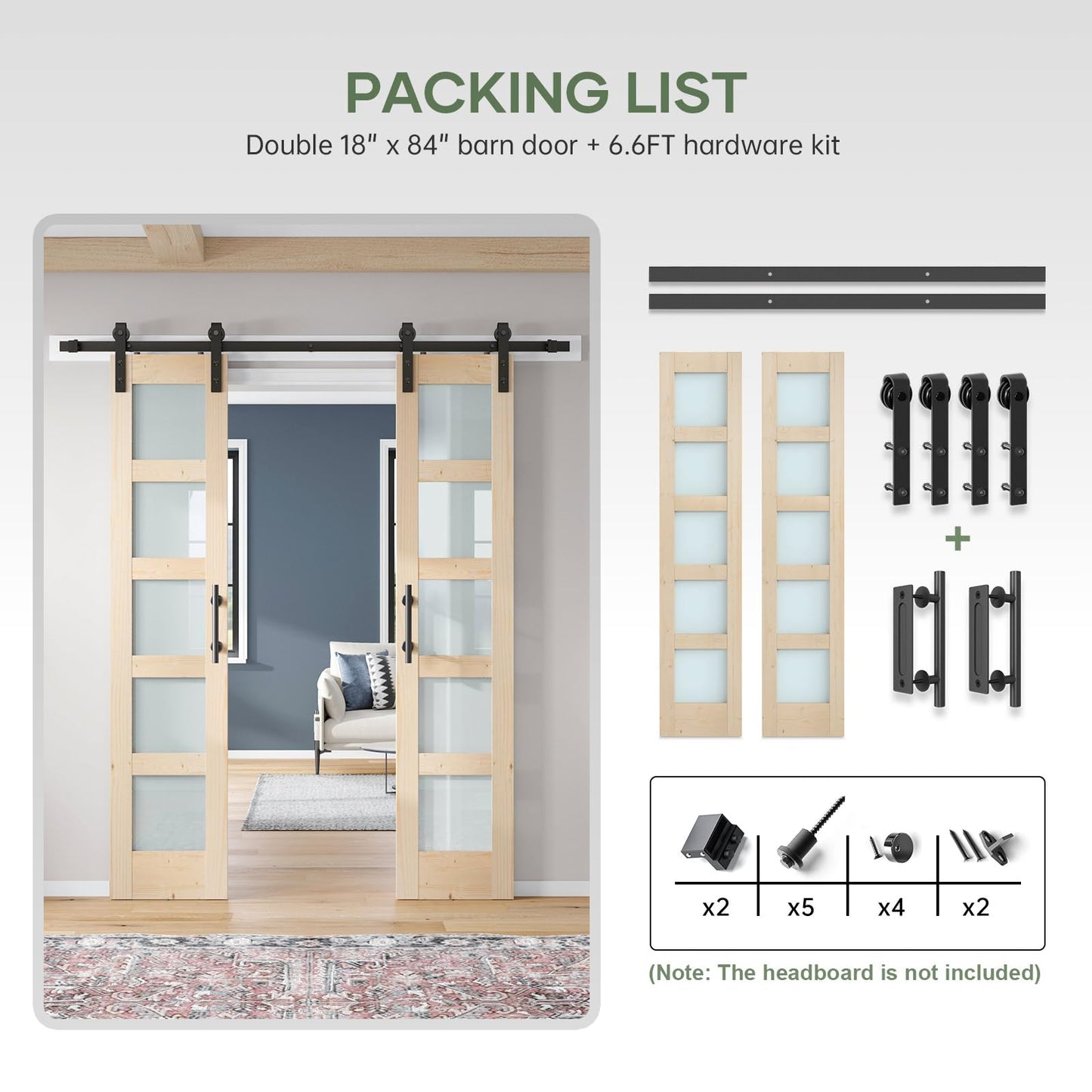 ROYMELO Double 18×84 inch Glass Sliding Barn Door Slab with 6.6ft Hardware Kit Included, 5-Panel Frosted Glass, Spruce Wood Support DIY Dyeing, Easy Assembly