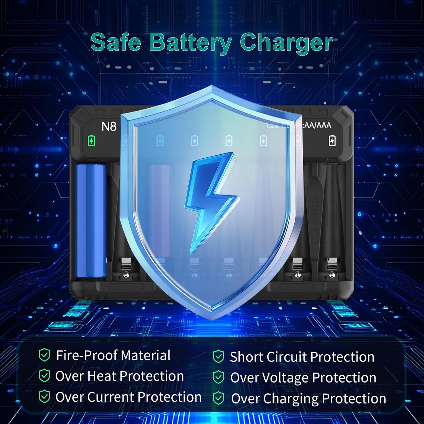 SEVENKA 8 5V 2A AA AAA Battery Charger, Bay Smart Charger for Ni-MH Ni-CD Rechargeable Batteries, Independent Control