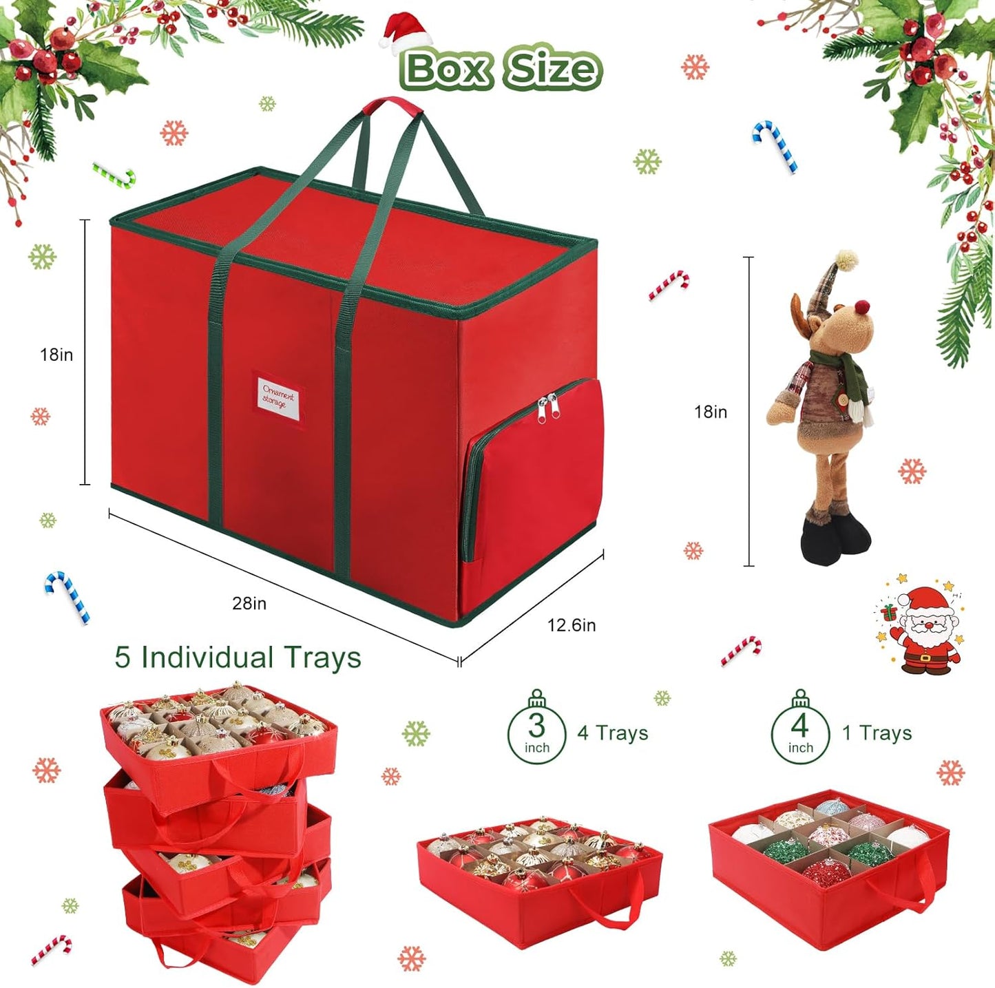 Skiennix Premium 2-in-1 Christmas Ornament Storage Box - Adjustable Dividers & 5 Trays for 73 Ornaments