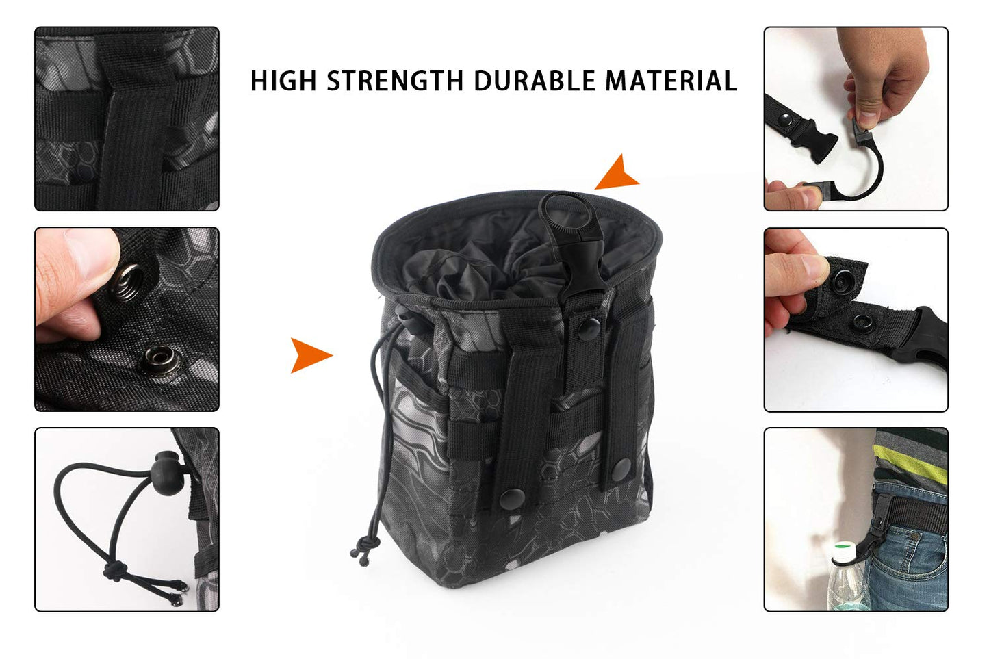 Drawstring Highend Rock Climbing Chalk Bag with a Carabiner Different Pockets for Climbing Bouldering, Gymnastics, Gym Pouch, Cross Fit and Lifting 1pcs (Black Camouflage)