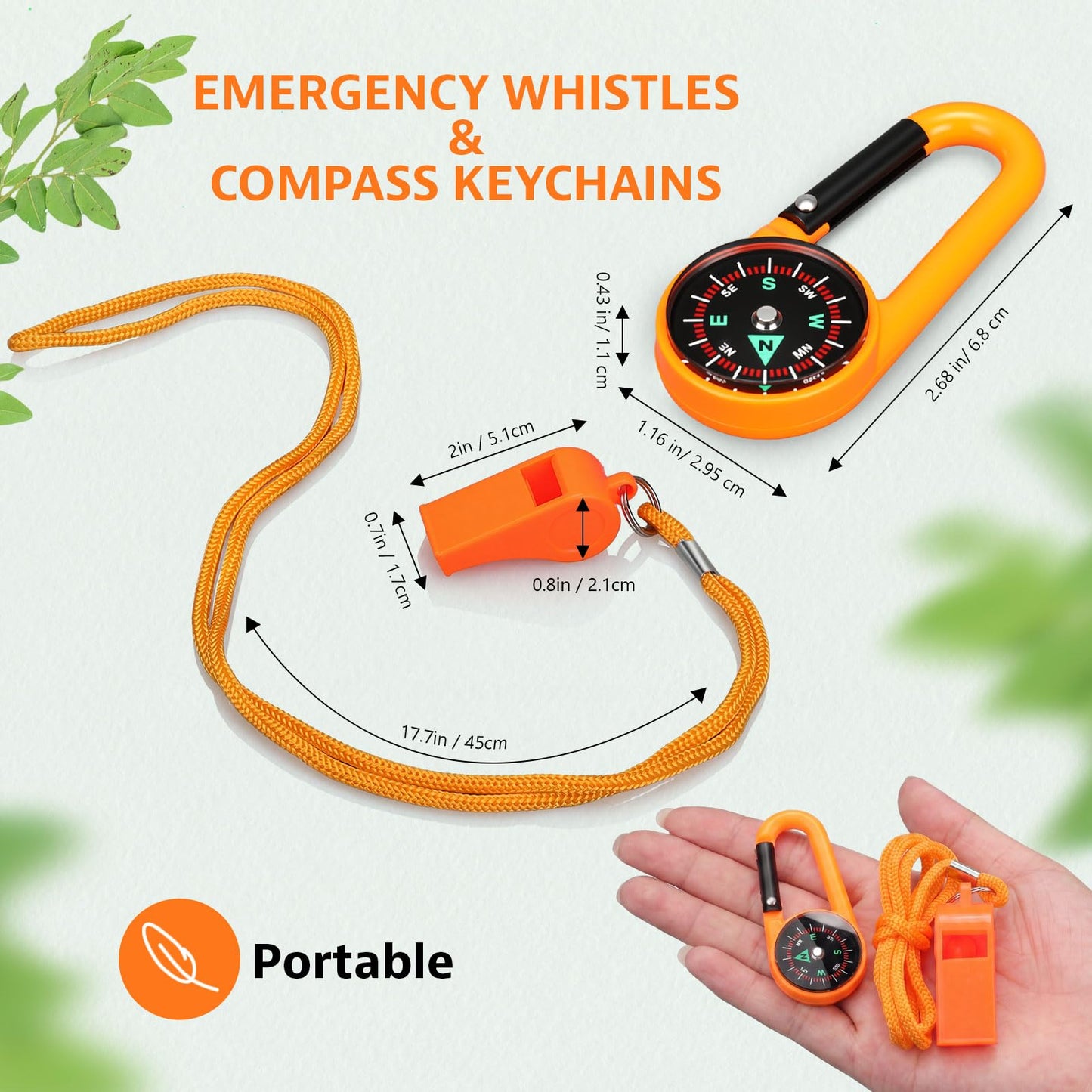 Honoson 24 Pcs Emergency Whistle and Compass Kit, 12 Survival Whistle with Lanyards Loud Blast 12 Magnetic Compass Keychain for Hiking Camping Orienteering Outdoor Navigation Accessories(Orange)