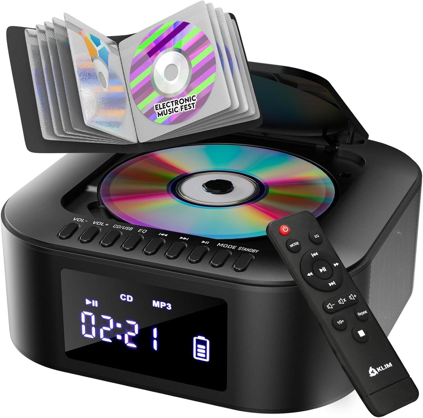 KLIM E1 MP3 Boombox with CD case - CD Player Portable Audio System + Extra BASS with Subwoofer + FM Radio, Bluetooth