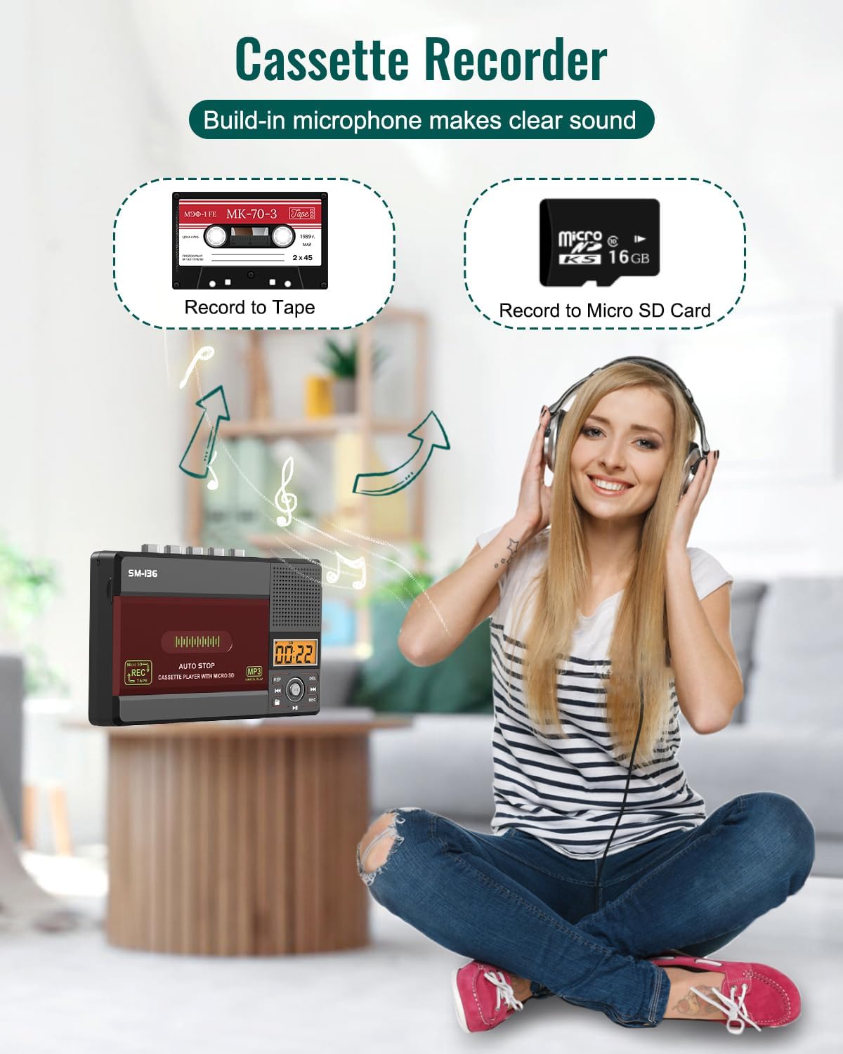 Cassette Cassette MP3 Cassette/Computer/SD 16GB SEMIER Small Tape Player, USB C or SD Card Audio to Digital Converter