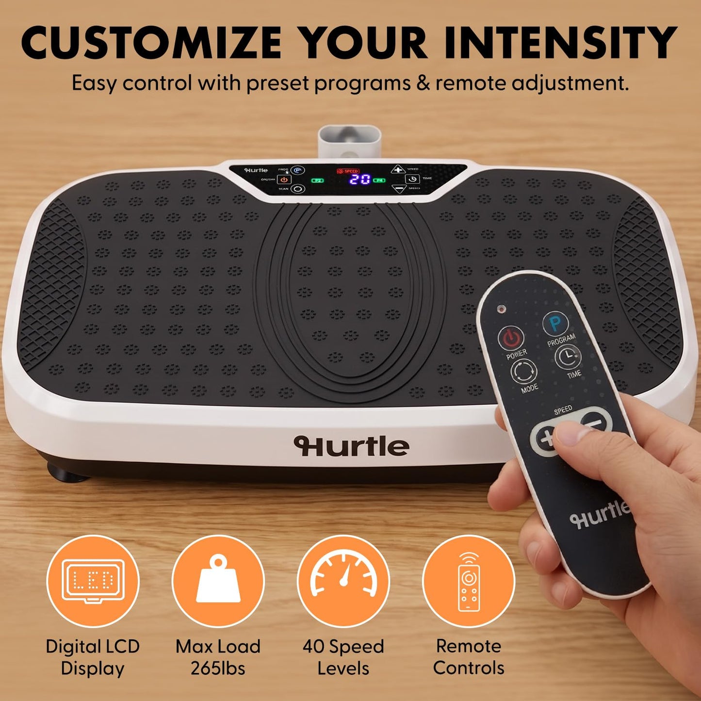 Hurtle Vibration Plate Exercise Machine, Portable Vibration Plate with Handles and 1-99 Speed Levels, 10 Preset Programs, Quiet Low-Impact Home Fitness Platform with Remote Control, White