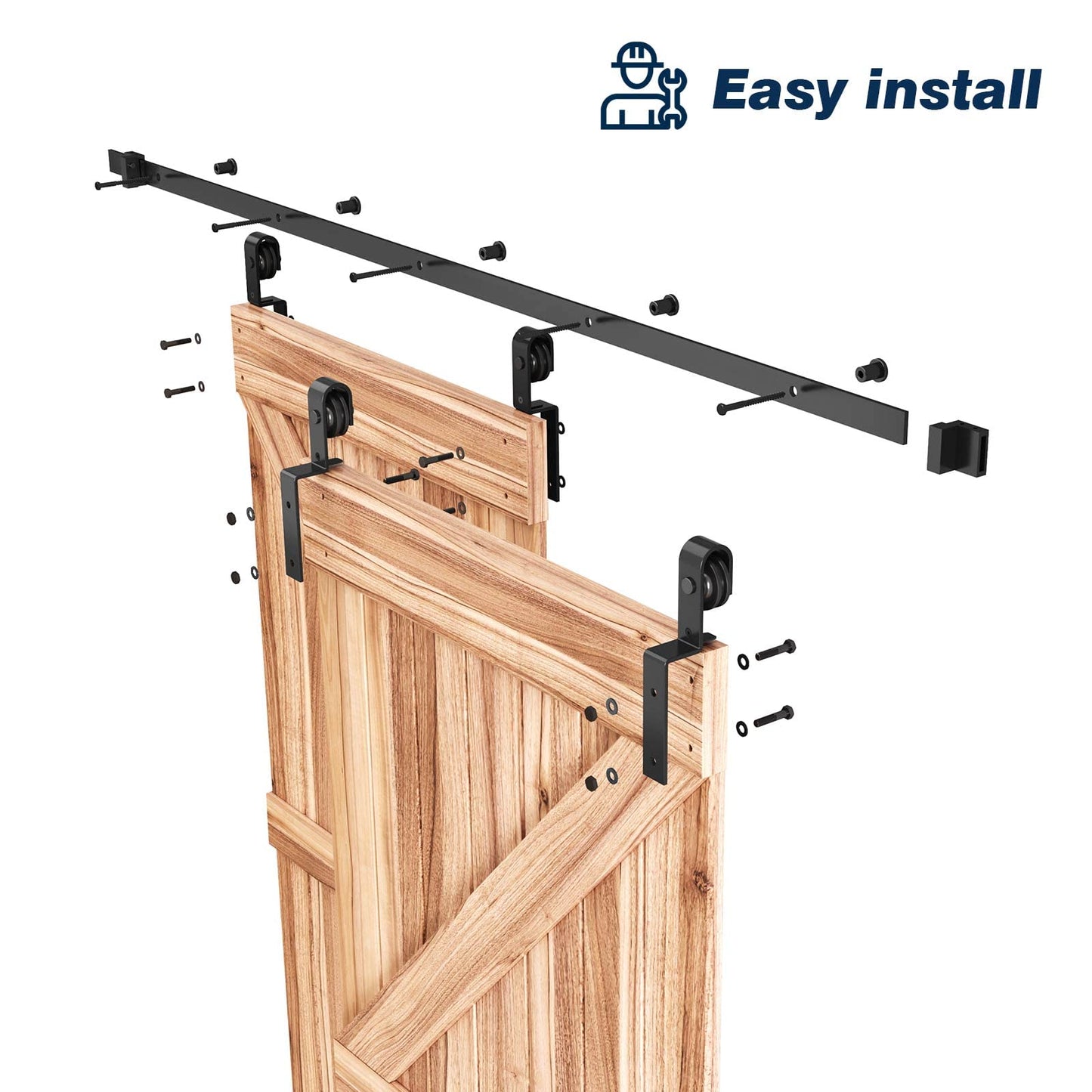 EaseLife 12 FT Bypass Double Sliding Barn Door Hardware Kit,Single Track, Slide Smoothly Quietly, Easy Install (12FT Track Kit for Double 77" Wide Door)