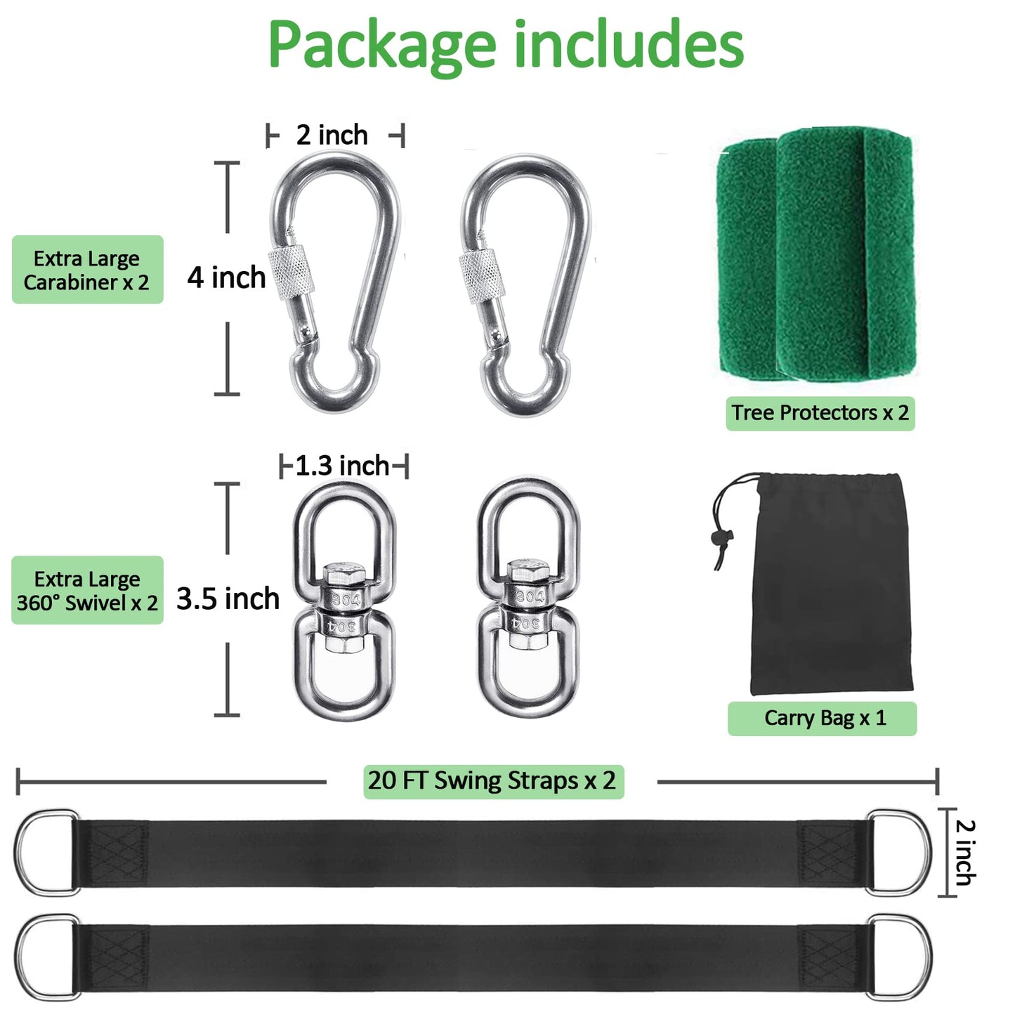 Werfeito Tree Swing Straps Hanging Kit (Set of 2), 3FT/8FT/10FT/20FT/30FT Tree Swing Straps Holds 5000 lbs with Tree Protector, Heavy Duty Carabiner and Swivel Perfect for Swings & Hammocks(20 FT)
