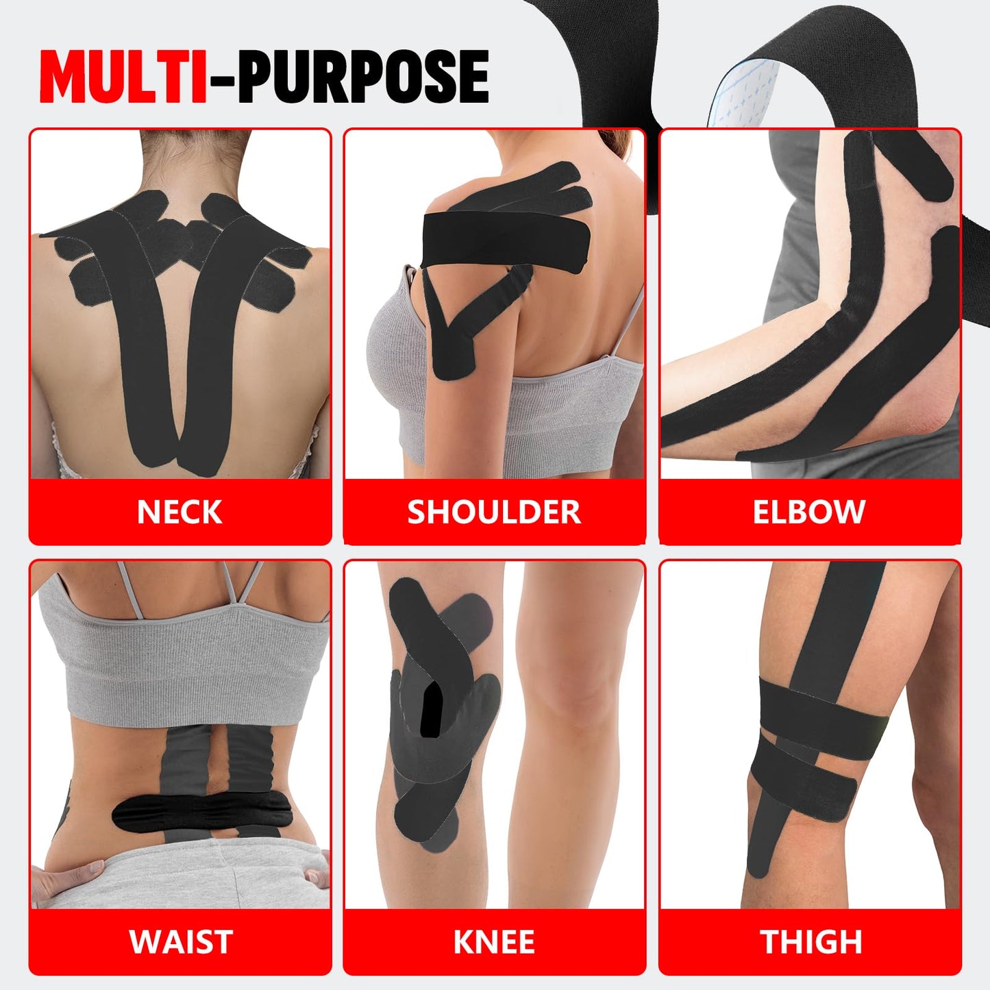 60PCS Precut Kinesiology Tape Strips, 2 inch x 10 inch Athletic Tape, Kinetic Tape, Elastic Muscle Tape, Sports Tape, Knee Tape for Exercise and Daily Use - Black