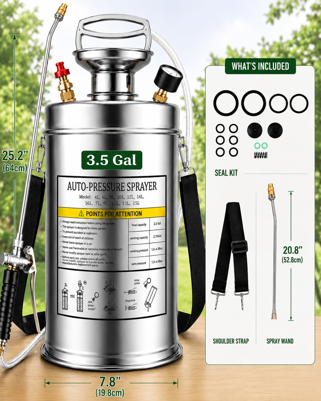 3.5 Gallon Stainless Steel Sprayer, Hand Metal Pump Up Sprayer Reinforced Hose with Pressure Gauge, Safety Valve & Adjustable Nozzle, Garden Weed Sprayers for Lawn, Gardening, Sanitizing