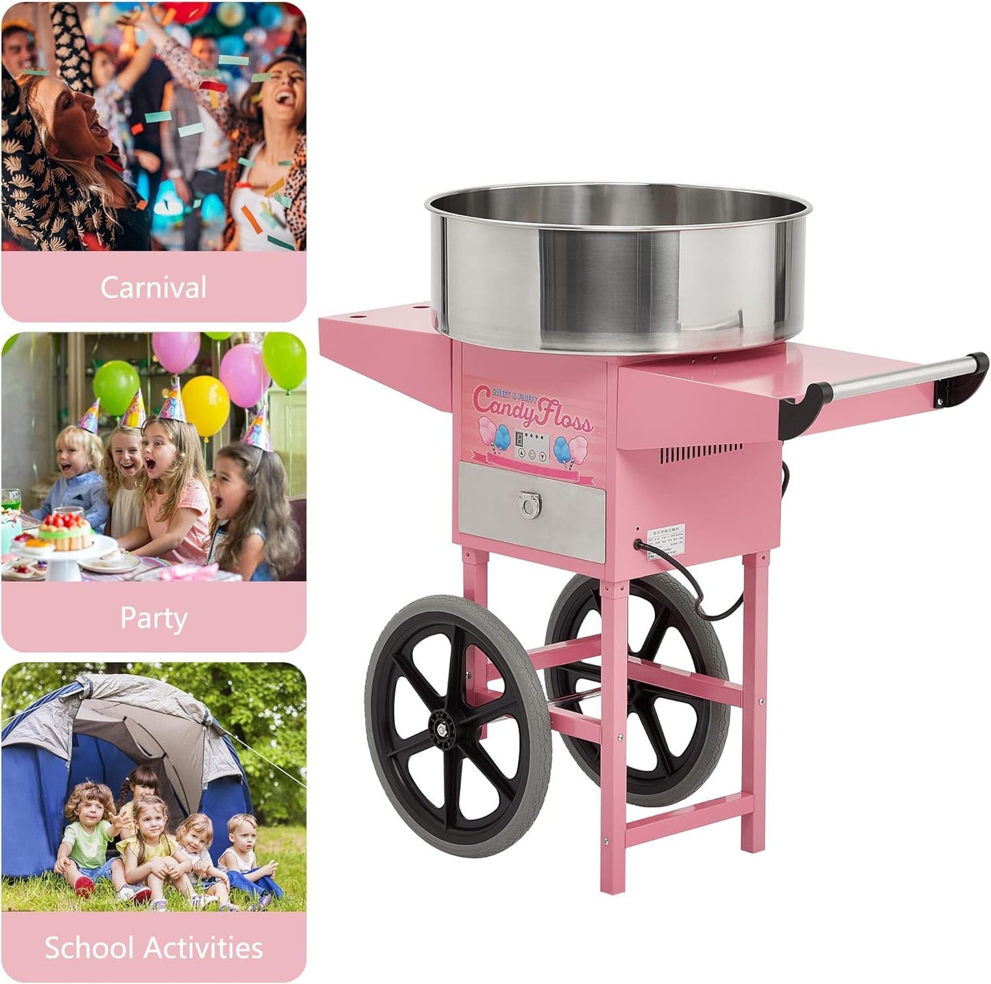 Electric Candy Cotton Machine With 20 in Stainless Steel Bowl,Cotton- Candy Maker Machine for Kids With Cart,Nostalgia Candy Cart Commercial For Party, Home,Festival,Amusement Park,Carnival,Pinks