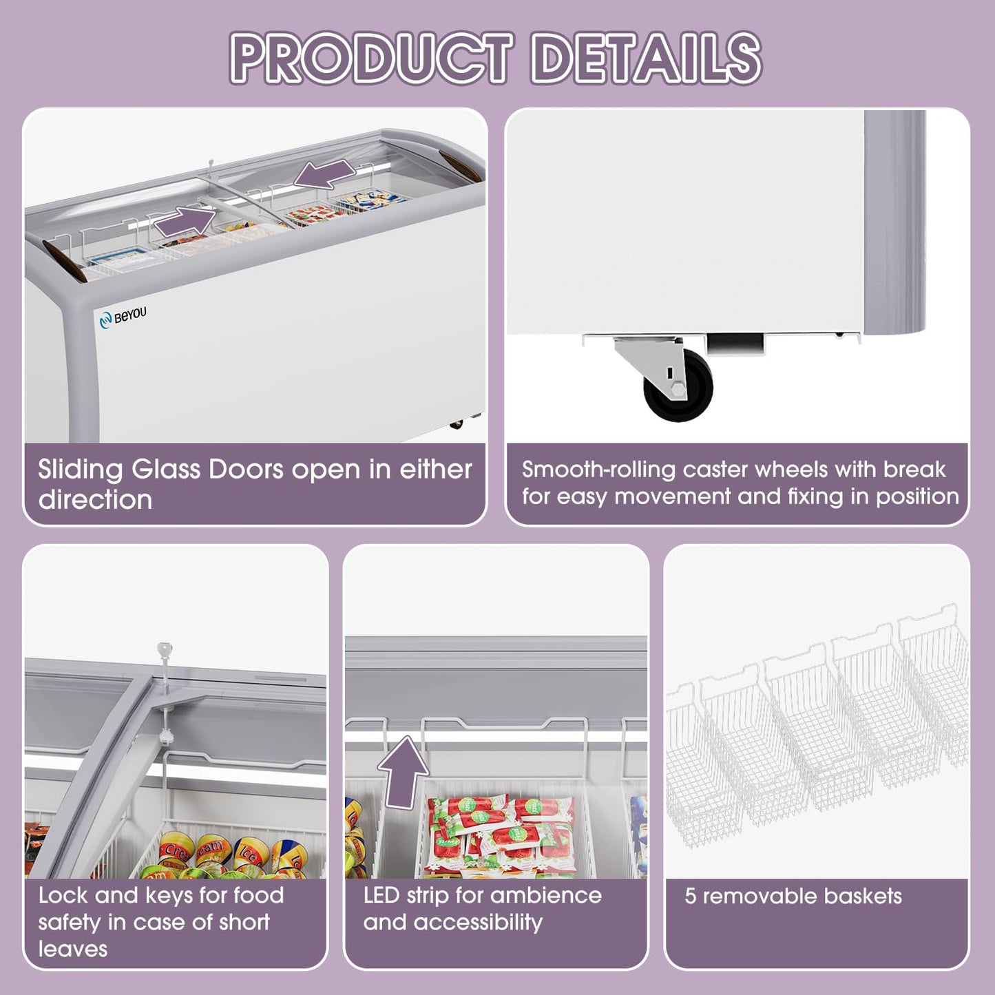 BEYOU Commercial Ice Cream Freezers with Display Glass Top，16.3 Cu.ft Chest Freezer with Wire Basket, White