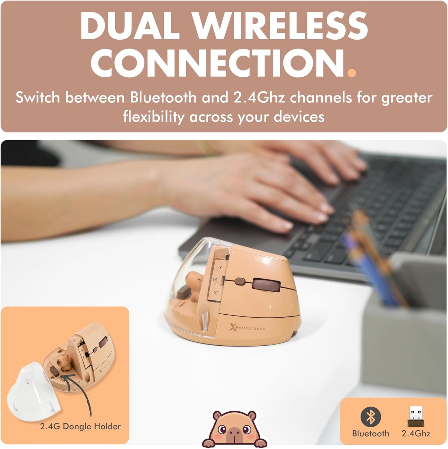 X9 Performance 2.4G) 4000 6 Wireless Vertical Ergonomic Mouse - Click with Capybara - (BT + Up to DPI, Button