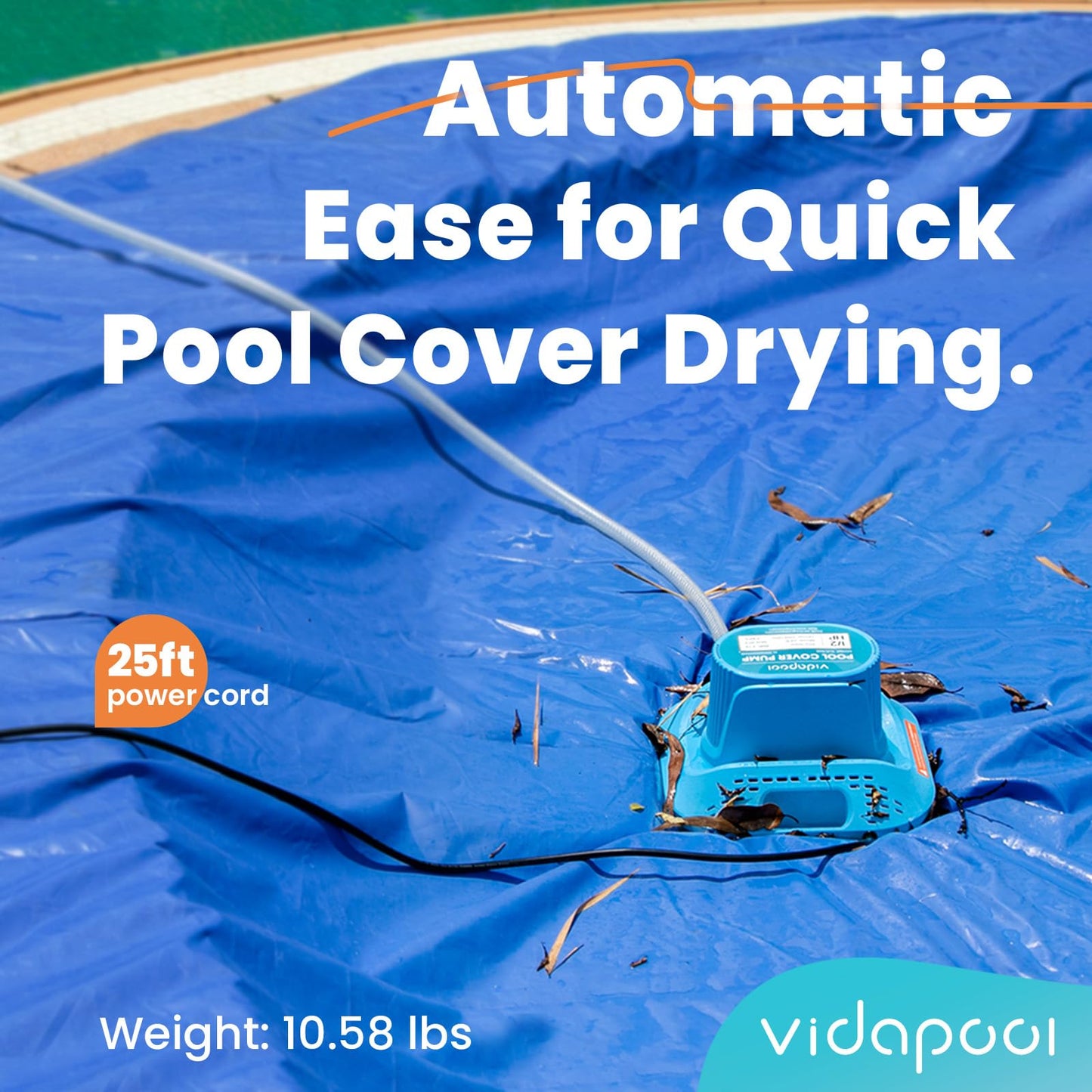 Vidapool 1/2 HP Pool Cover Pump Automatic On Off, Submersible Sump Pump Inground/Above Ground, 2169 GPH Water Removal Pump with 25 Feet Power Cord for Swimming Pool, Pond, Basement, Window Well, Blue