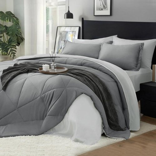 BEDELITE Queen Comforter Set - 7-Piece Soft Microfiber Reversible Grey Bedding Set for Year-Round Comfort