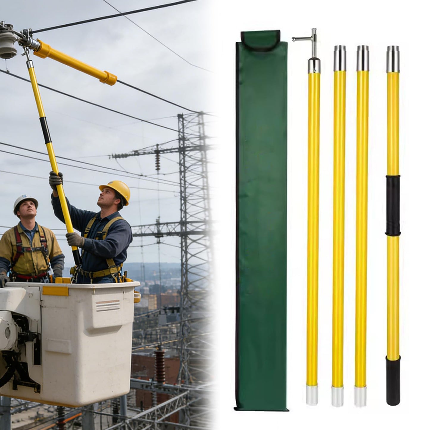 Spliceable Hot Stick, 110kV High Voltage Insulated Operating Pole, Heavy Duty Epoxy Resin Fiberglass Switch Stick with Spliceable Universal Head for Live-Line Work, 110KV 13.1ft 4-Section