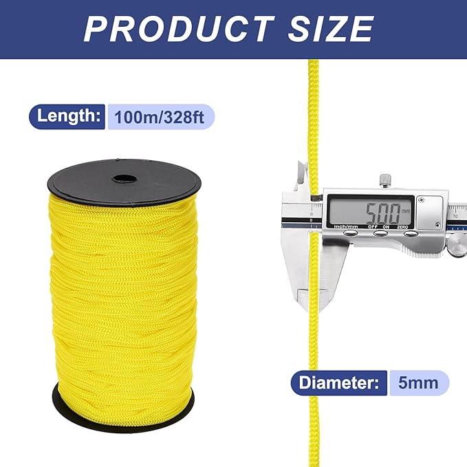 MECCANIXITY 3/16 Inch Polypropylene Rope Braided Ropes, 328ft Nylon Rope Hollow Utility Cord for Clothesline, Camping, Hiking, Outdoor, Yellow