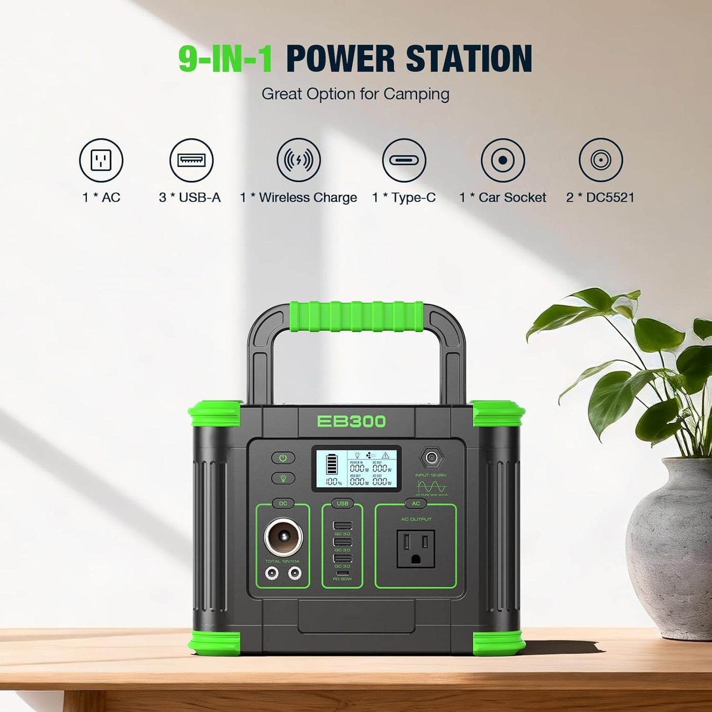 Portable Power Station 330W Solar Generator 288.6Wh, 60W USB-C PD Fast Charging, Pure Sine Wave AC Outlet, 5W Wireless Charger, LED for RV Camping, CPAP Emergency Backup & Off-Grid Living (Peak 600W)