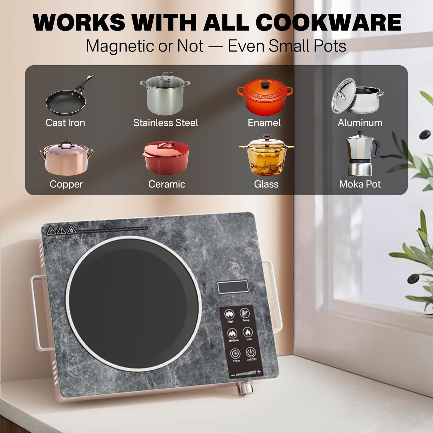 GRACEALL Single Burner Electric Cooktop, Portable Infrared Hot Plate, Countertop Electric Stove, Touch & Knob Control, Temperature Adjustable, Portable-Marble