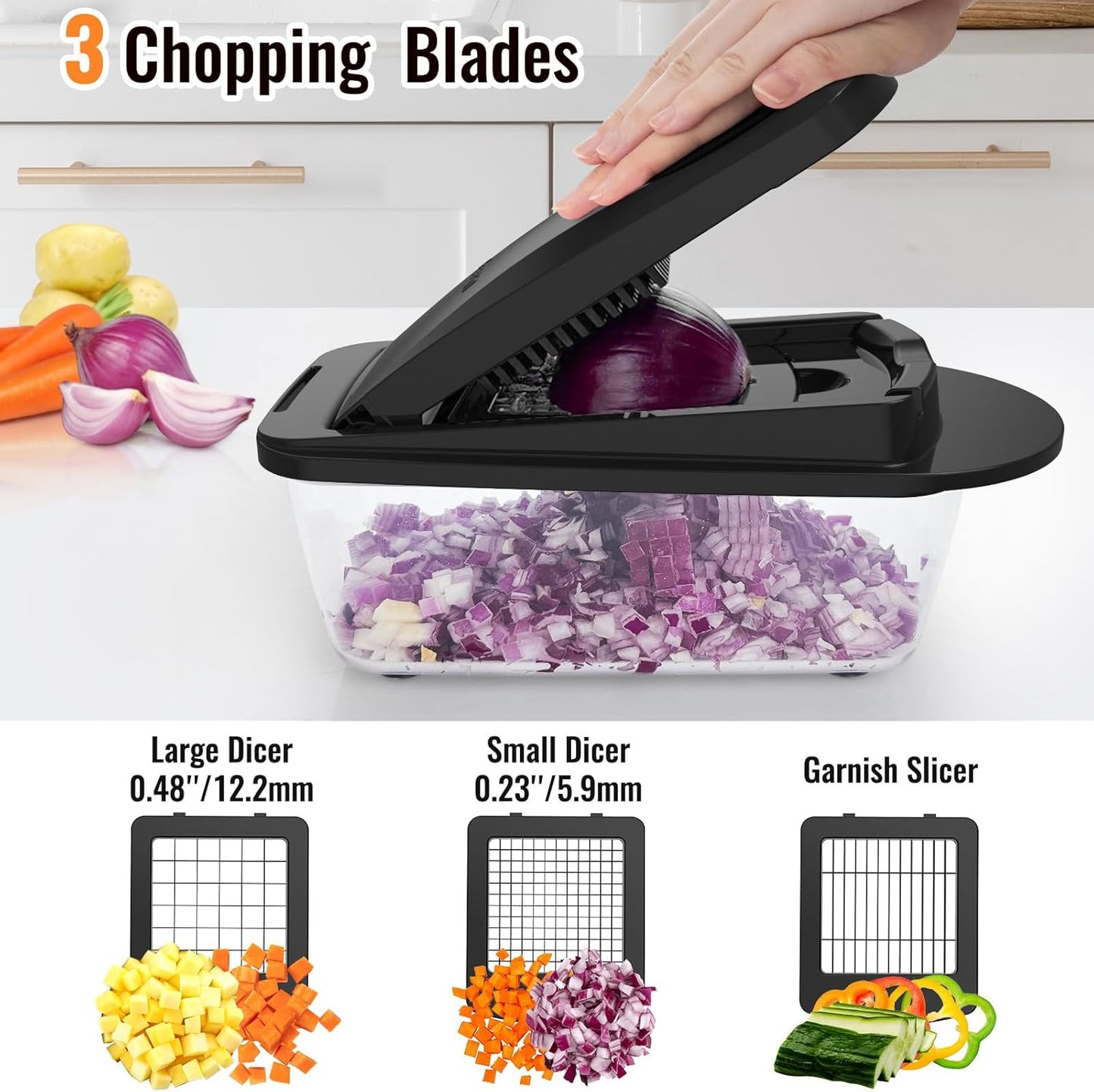 Skiennix 8-Blade Vegetable Chopper - All-in-One Mandoline Slicer with Container | Black Kitchen Gadget