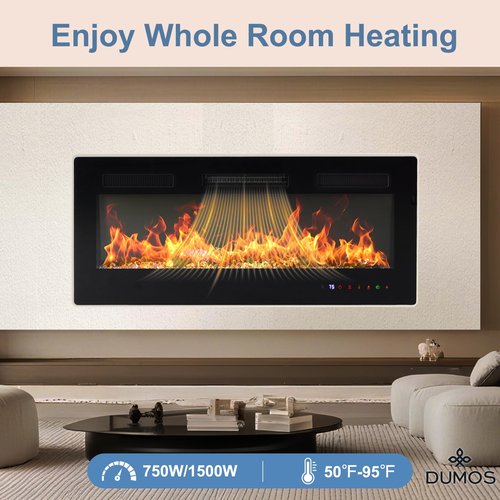 DUMOS 42" Freestanding Electric Fireplace, 1500W/750W Wall Mounted or Recessed Insert Fireplaces Heater with Remote Control,13 Adjustable Flame Color, 12H Timer, Touch Screen, Inky