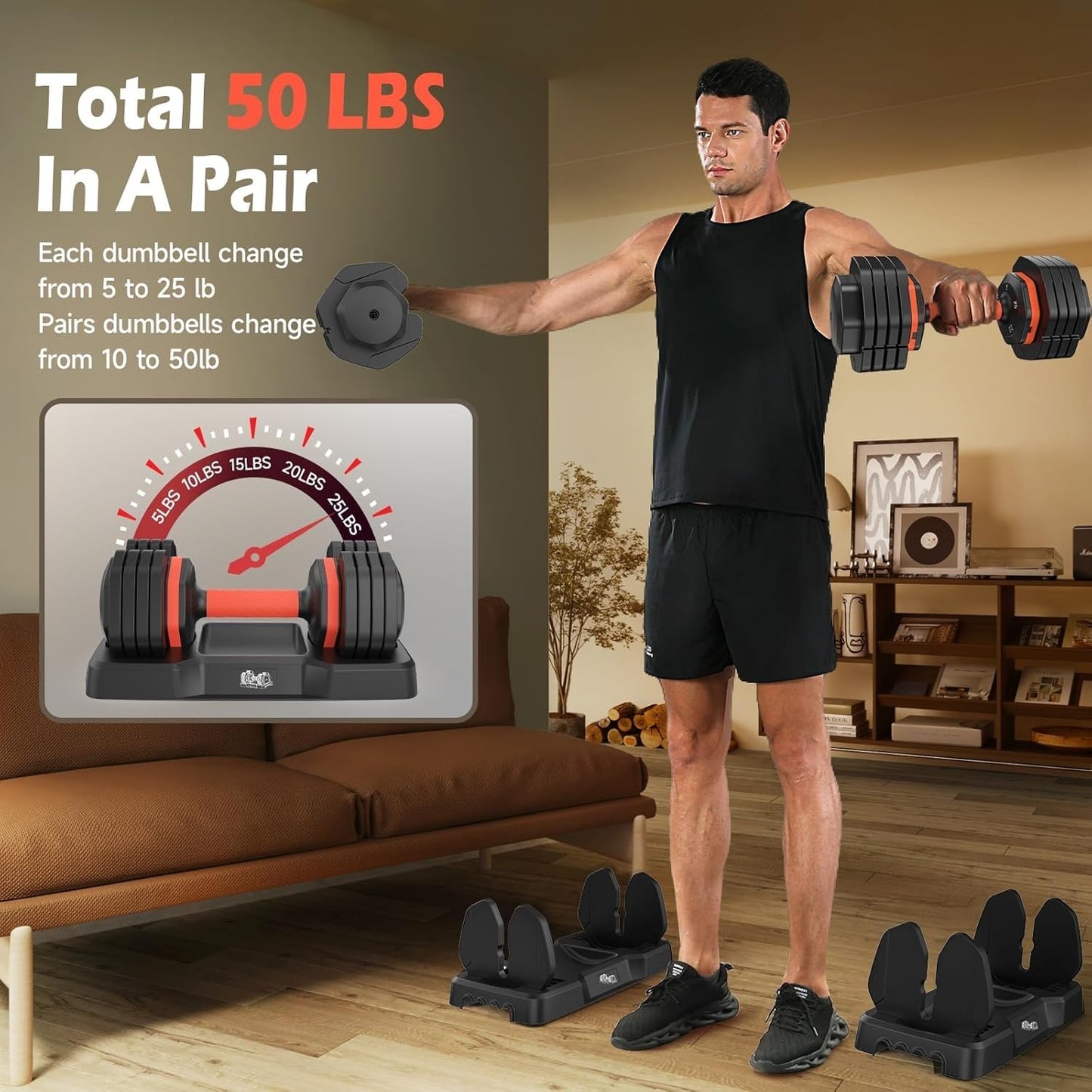 25LB Adjustable Dumbbell Set, Pair of Dumbbells Adjustable from 5LB to 25LB Each (Total 50LB), 15LB–55LB Options, Non-Slip Handle for Home Gym Strength Training
