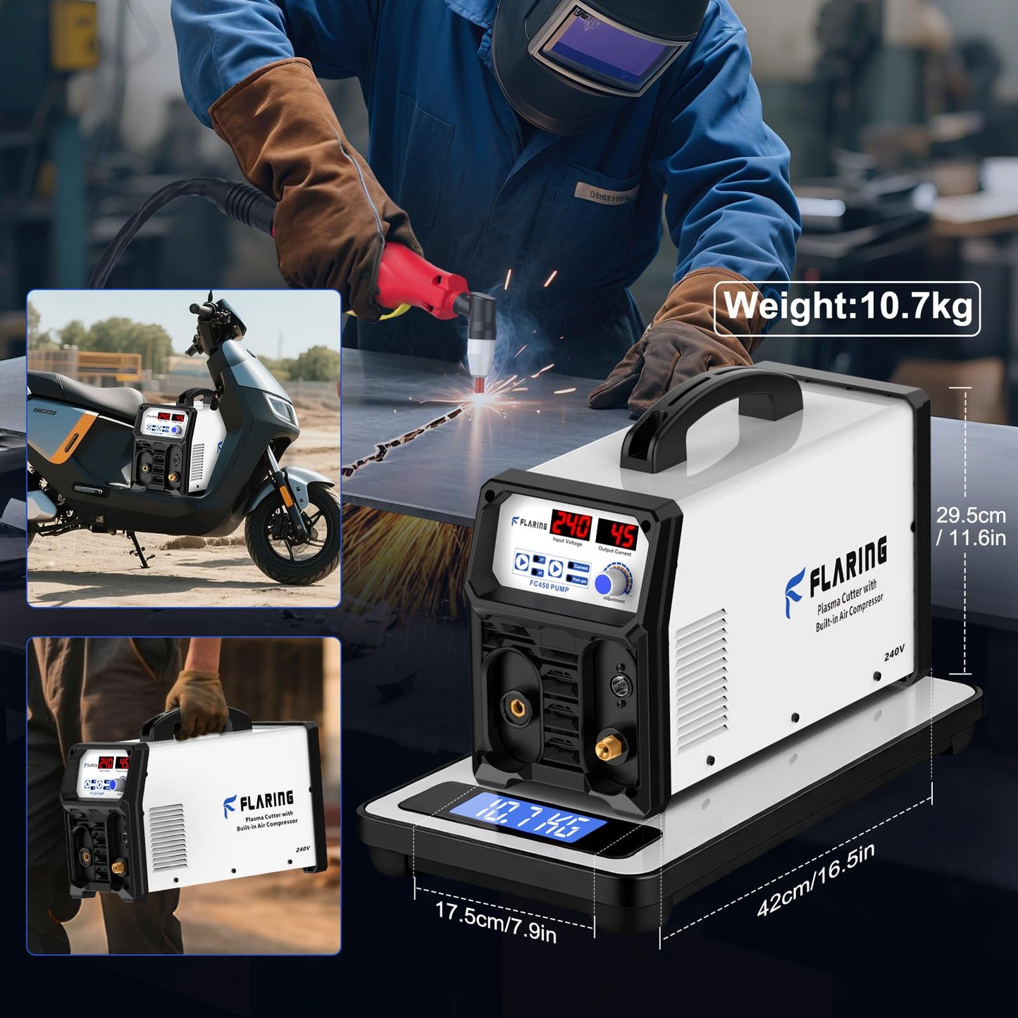 FLARING 240V Plasma Cutter With Built In Air Compressor 45A IGBT Inverter Digital Plasma Cutting Machine, 3/8 Inch Clean Cut And 5/8 Inch Max Cut High Frequency (No External Compressor Needed)