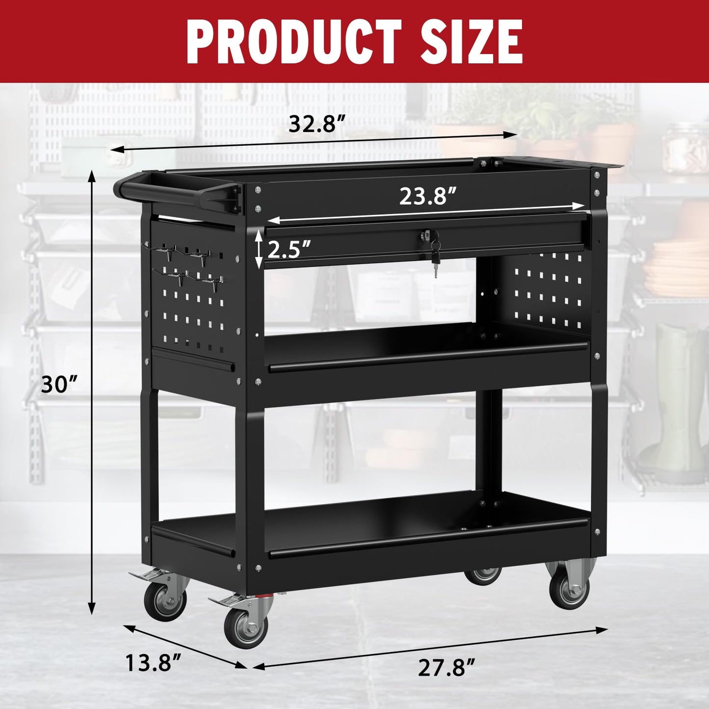 Granper 3 Tier Rolling Cart, Heavy Duty Utility Industrial Service Carts on Wheels, Metal Tool Cart with Locked Drawers, Ideal for Garage, Warehouse and Repair Shop（Black）