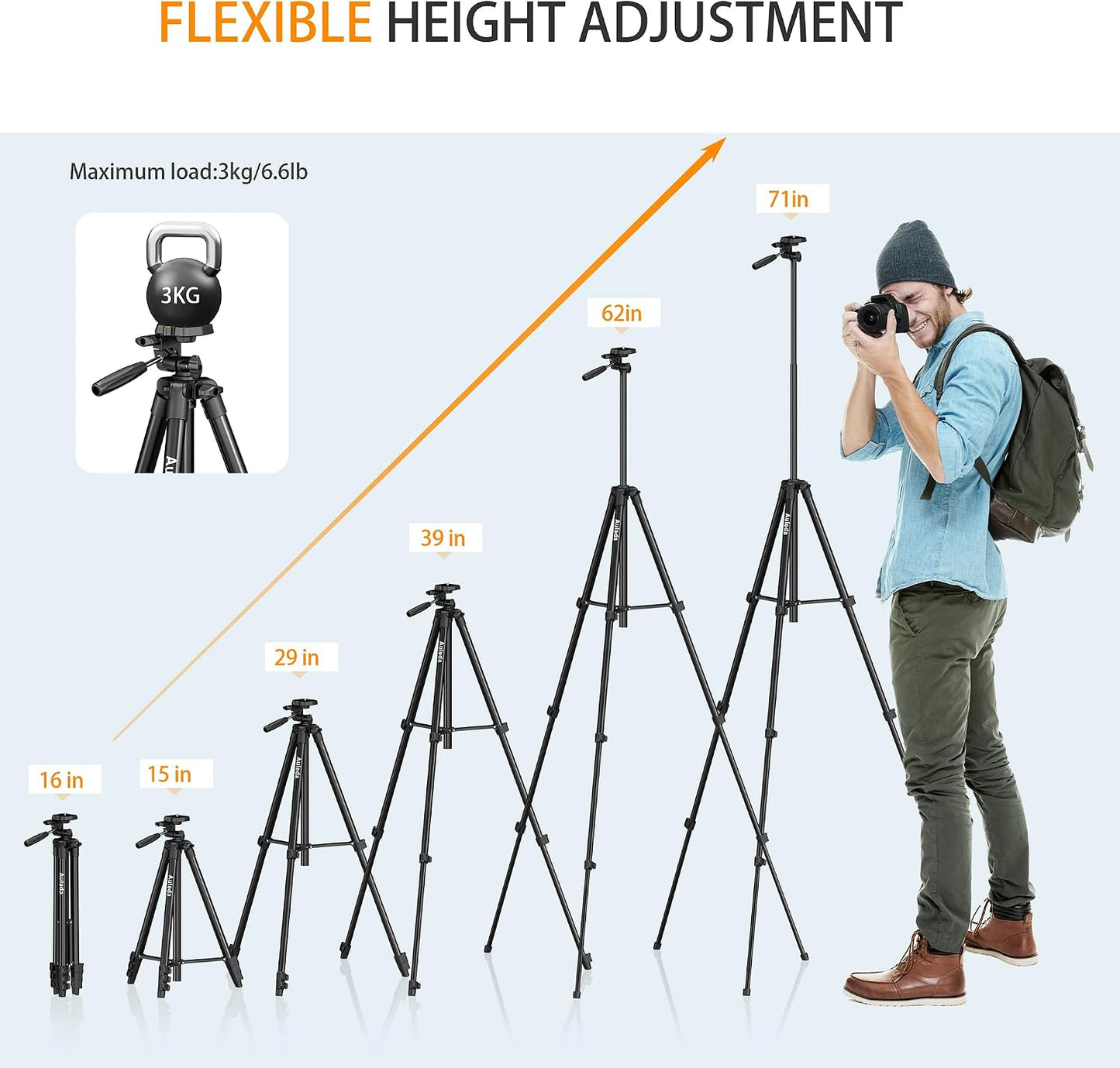 Auleda 71 6.6 LB Camera Tripod Aluminum Tall Tripod Stand Compatible with Canon Nikon with Wireless Remote Phone Holder
