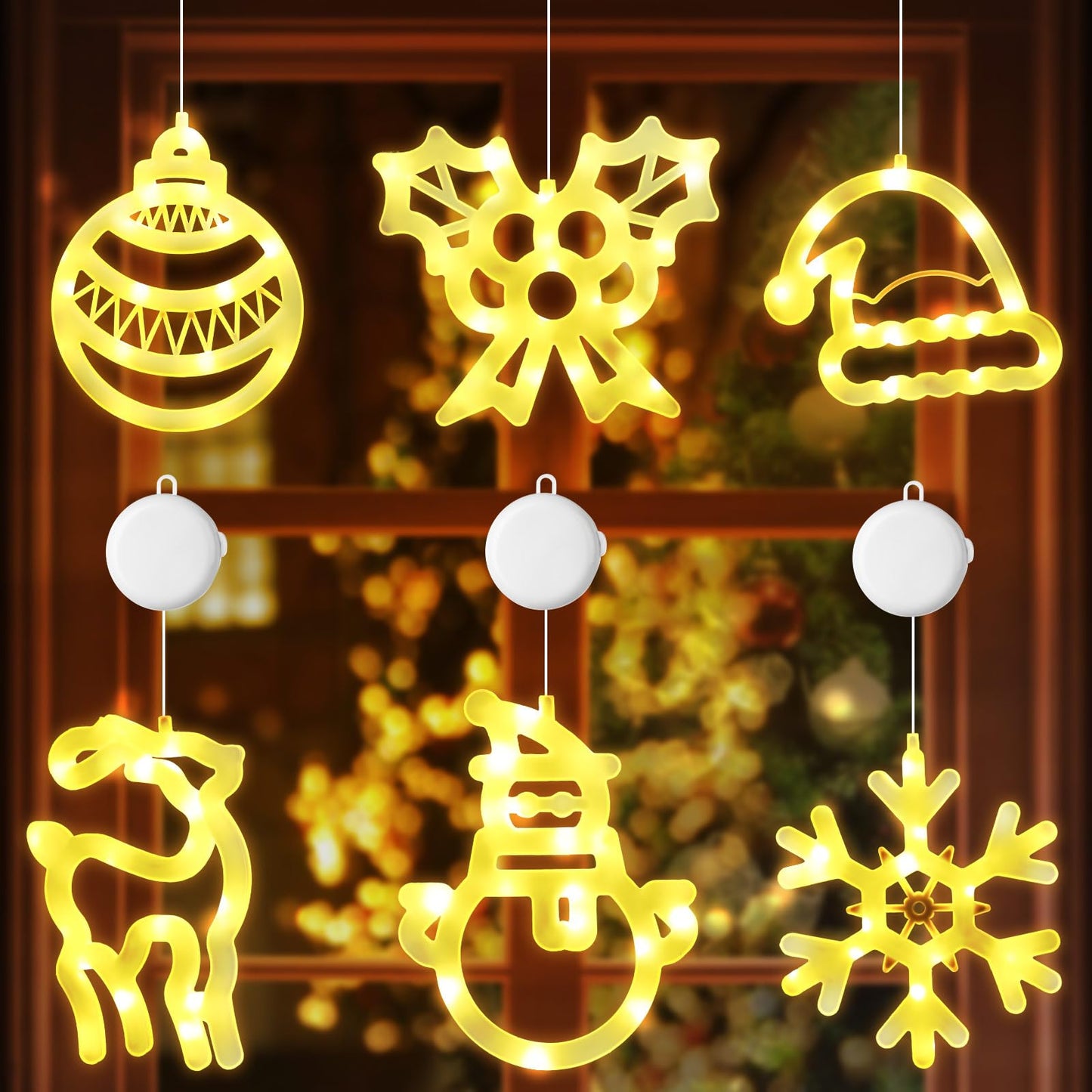 Gejoy Christmas Window Lights - 6 Pcs Warm White Acrylic Silhouette Decor, Timer Suction Cup, GJ-Gejoy-887, Cute Style