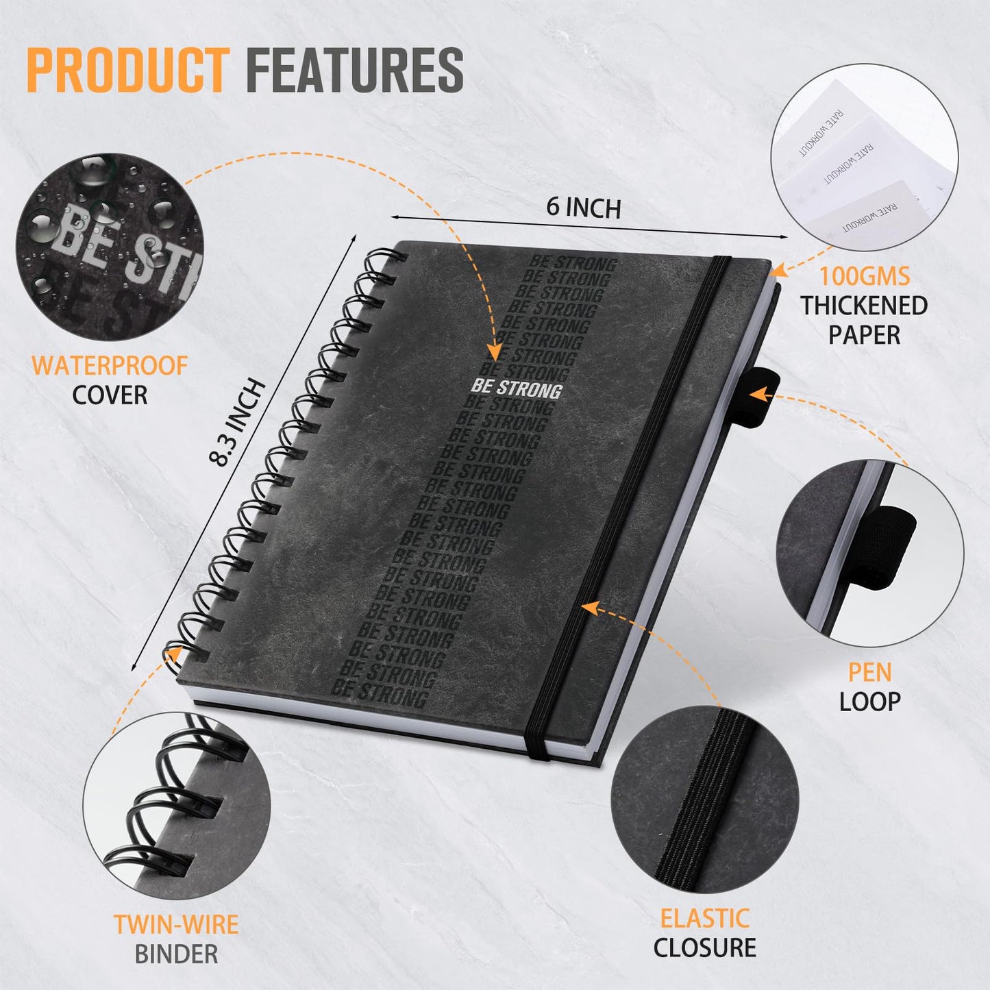 Workout Journal for Men & Women, Workout Planner with Monthly Calendar, ( 8.3" x 6") Grayish-black Texture Hardcover Workout Log Book Track Training, Diet, Progress, Achieve Wellness Goals, Perfect for Fitness Enthusiast