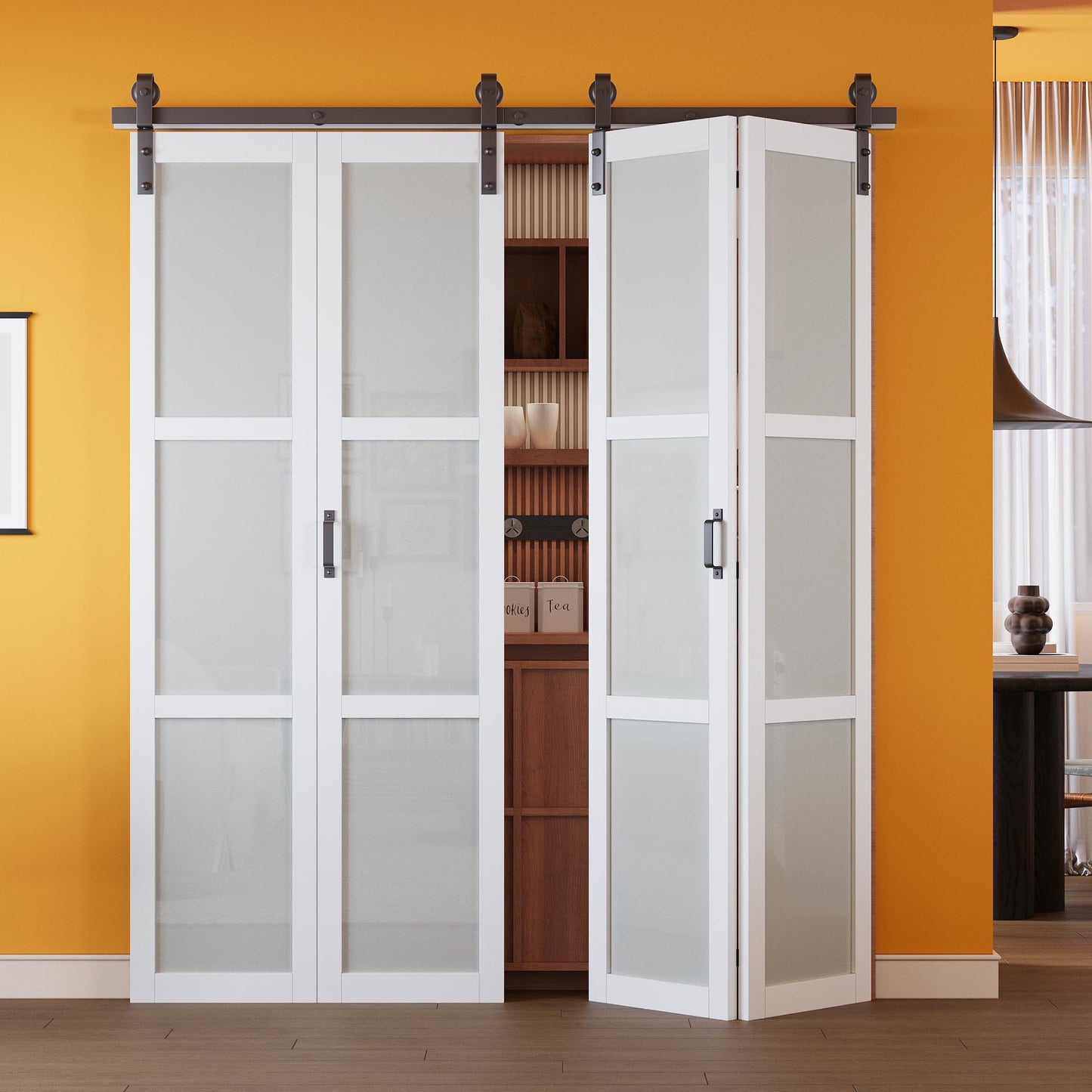 Paintable Bifold Barn Door, Fingerprint-Resistant 3 Lite Frosted Glass Bi Fold Barn Door with Good Privacy, Pre-Assembled Solid Core MDF Panels for Closet Pantry Laundry, Easily Install, 72" x 84"