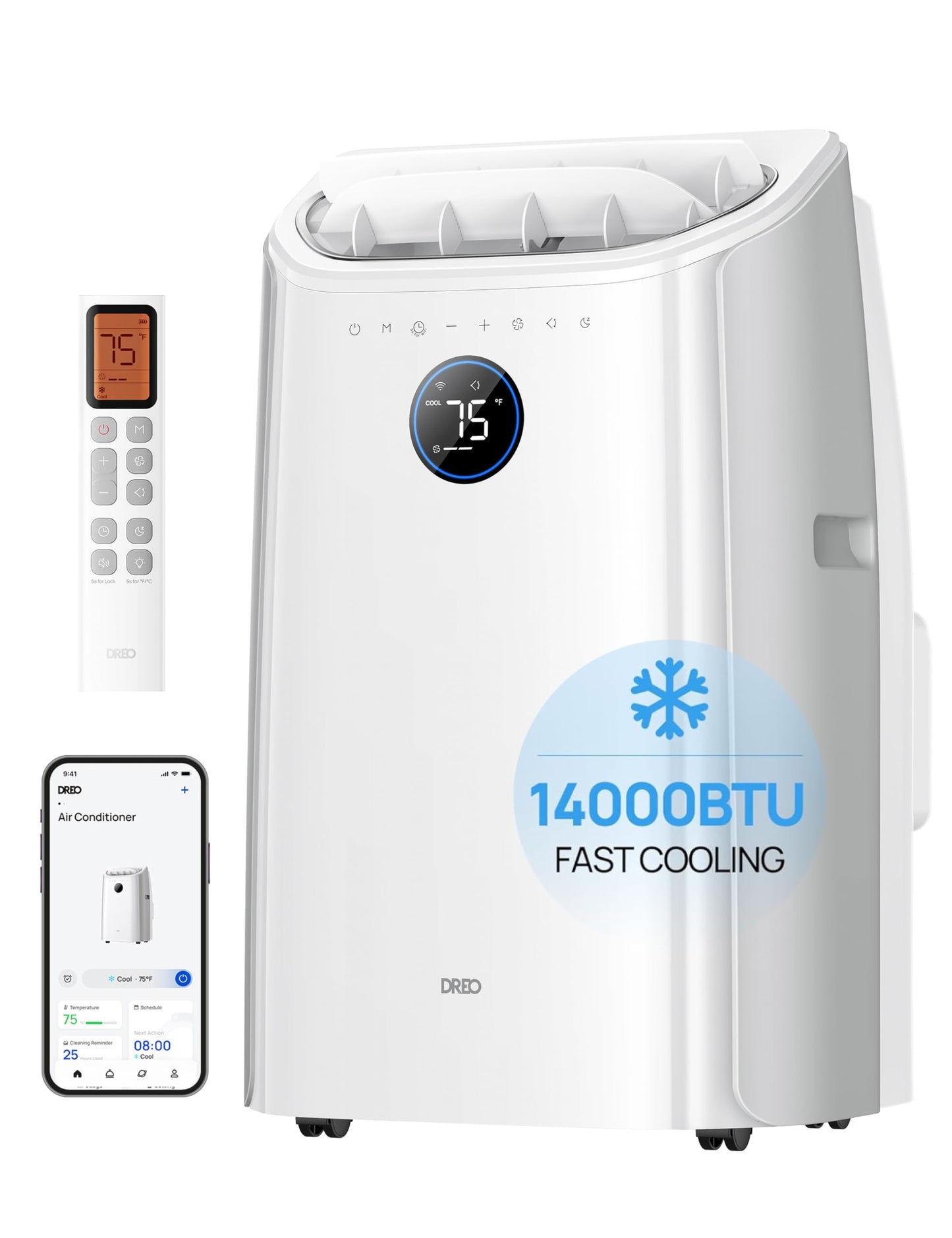 DREO Portable Air Conditioner 516S, 14000 BTU ASHRAE (10000 BTU DOE) Smart AC Unit for Bedroom with Drainage-free Cooling, Fan&Dehumidifier 3 in 1, APP/Voice/Remote, Quiet Standing AC for Room Indoors