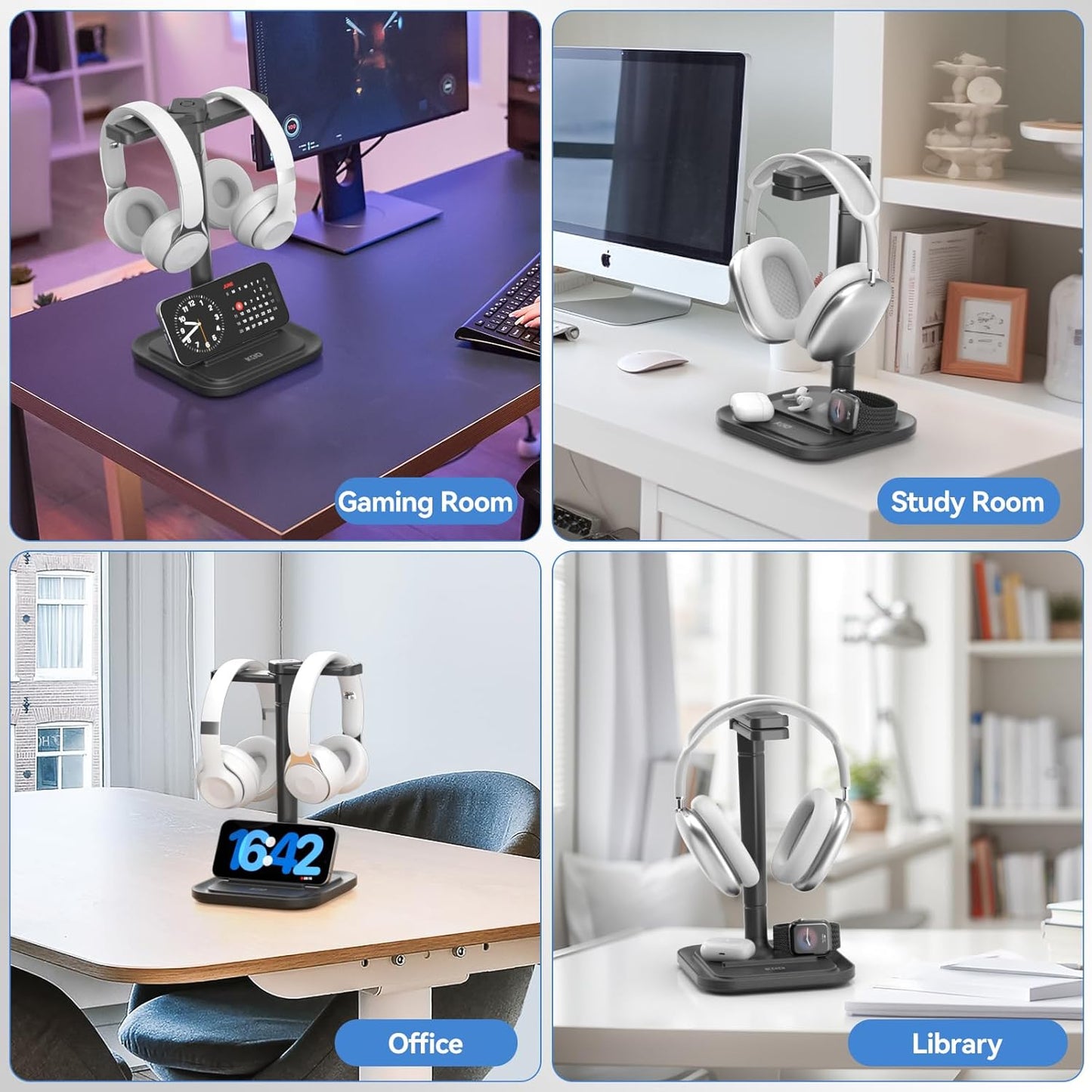 KDD Headset Dual Headphone Stand for Desk - Rotatable Hanger with Phone Holder - Removable Non-Slip Base for Gamers