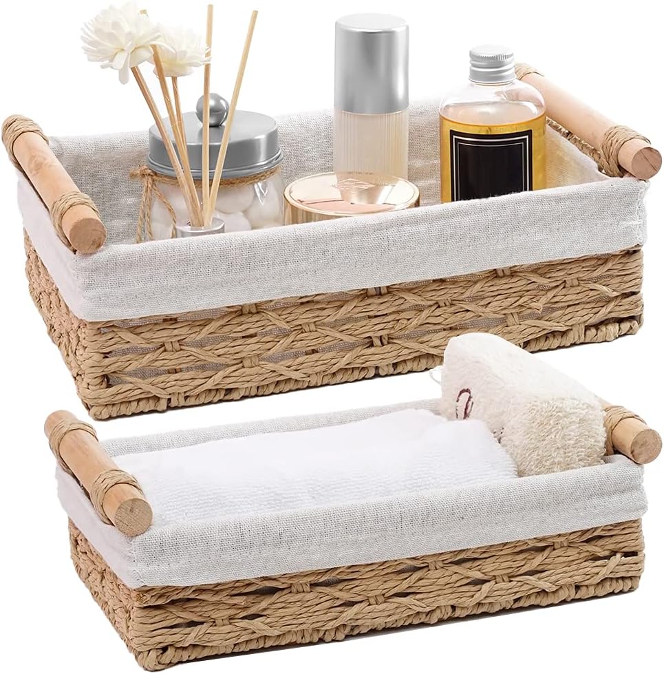 Round Paper Rope Storage Basket Set by [Brand Name] - Stylish Wicker Baskets with Handles for Organizing | Set of 2 Beige Bins