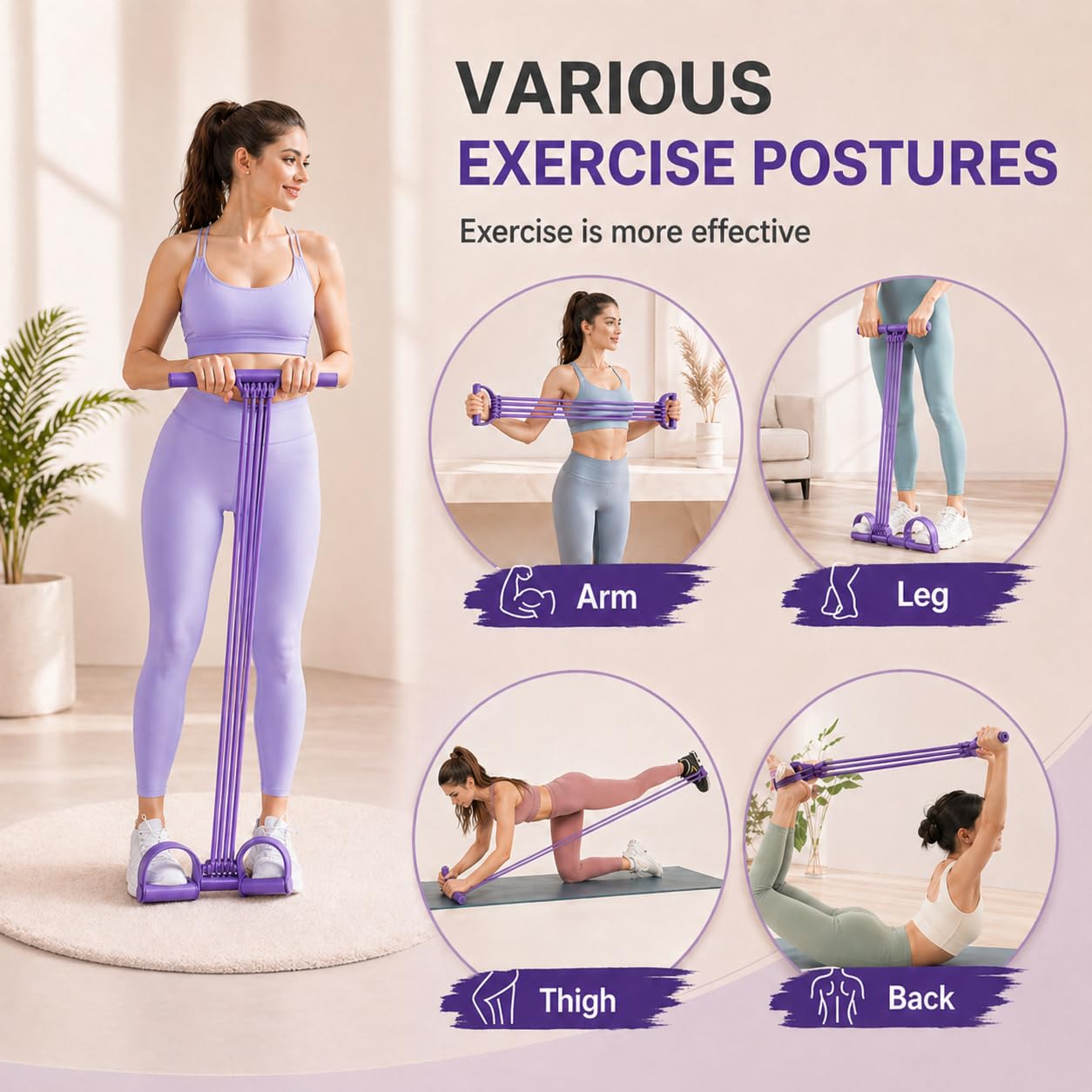 2026 Upgrade Pedal Resistance Band with Handle,8 Tube Detachable Elastic 3-in-1 Multifunctional Foot Pedal Resistance Assistance Expander for Foot Pedal Pull, Back Stretch & Chest Expand (Purple)