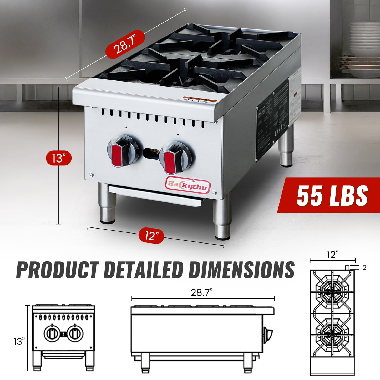 Backychu 2-Burner Commercial Gas Stove- 50,000 BTU Countertop Cooking Stove Range, Heavy-Duty Hot Plate, Stainless Steel Cooking Equipment for Restaurant, kitchens, Propane/Natural Gas